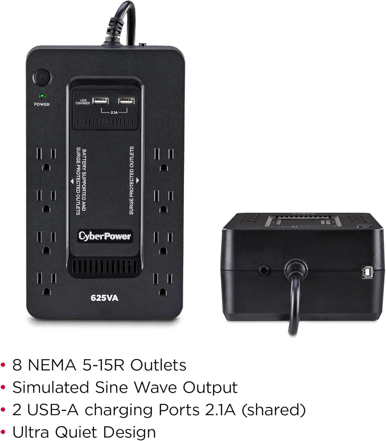 سیستم منبع تغذیه بدون وقفه CyberPower ST625U، 625VA/360W، 8 خروجی، 2 پورت شارژ USB، جمع و جور سیستم منبع تغذیه بدون وقفه CyberPower ST625U، 625VA/360W، 8 خروجی، 2 پورت شارژ USB، جمع و جور