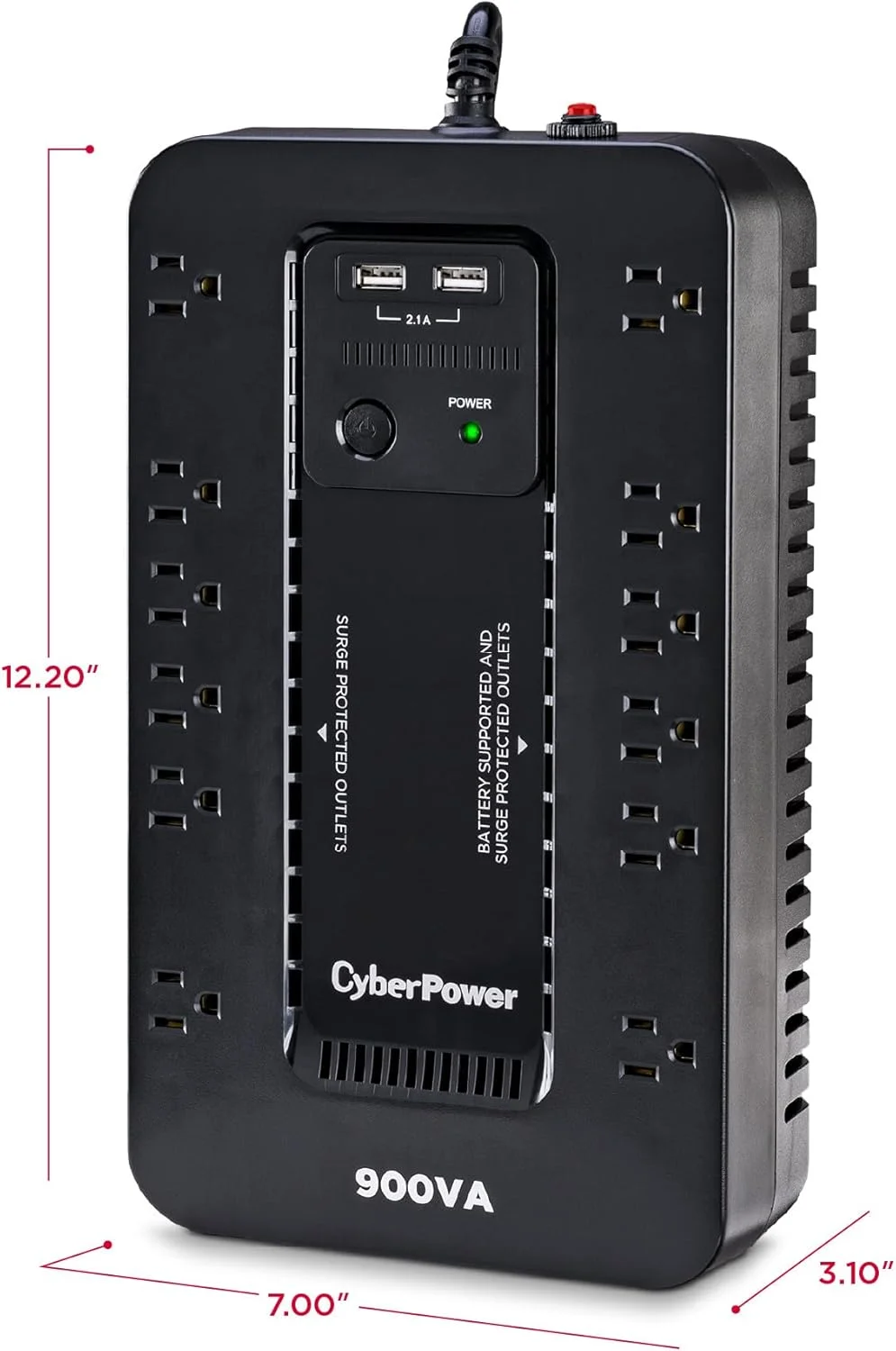 سیستم منبع تغذیه بدون وقفه CyberPower ST900U، 900VA/500W، دارای 12 خروجی، 2 پورت شارژ USB، طراحی جمع و جور