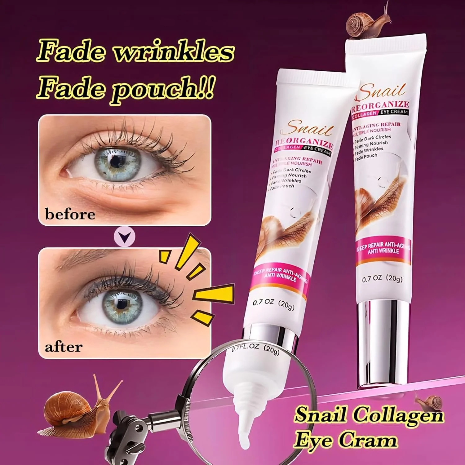 کرم دور چشم حلزون ضد چروک 20 گرم - کرم دور چشم پیشرفته حاوی موسین حلزون و نیاسینامید برای تیرگی، پف و خطوط ریز | سفت کننده، روشن کننده، مرطوب کننده برای ضد پیری و رفع پف زیر چشم کرم دور چشم حلزون ضد چروک 20 گرم - کرم دور چشم پیشرفته حاوی موسین حلزون و نیاسینامید برای تیرگی، پف و خطوط ریز | سفت کننده، روشن کننده، مرطوب کننده برای ضد پیری و رفع پف زیر چشم