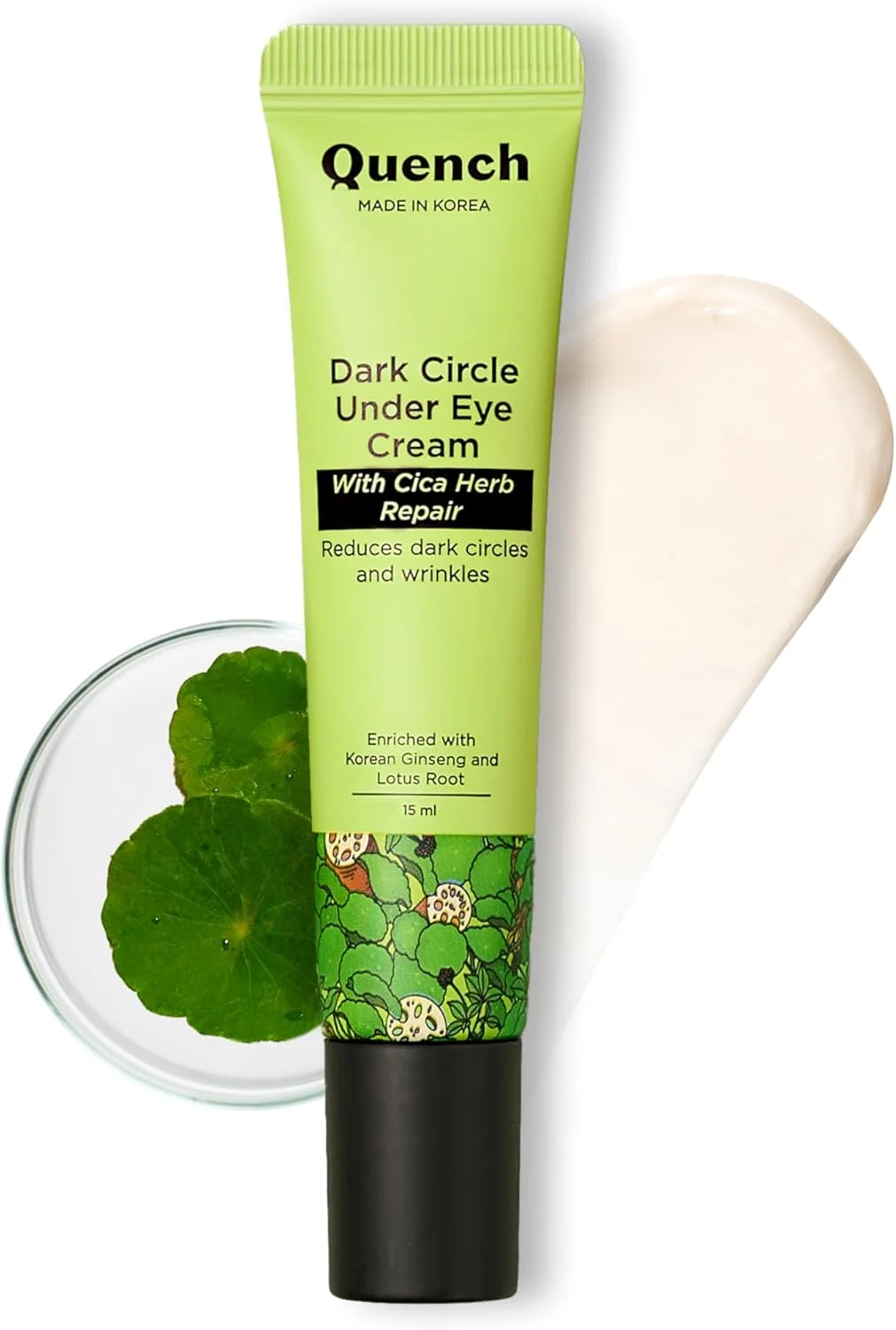 کرم دور چشم ضد تیرگی کوئنچ با ماساژور غلطکی خنک کننده | غنی شده با گیاه سیکا و جینسینگ کره ای | کاهش پف و خطوط ریز | روشن کننده زیر چشم | ساخت کره (15 میلی لیتر)
