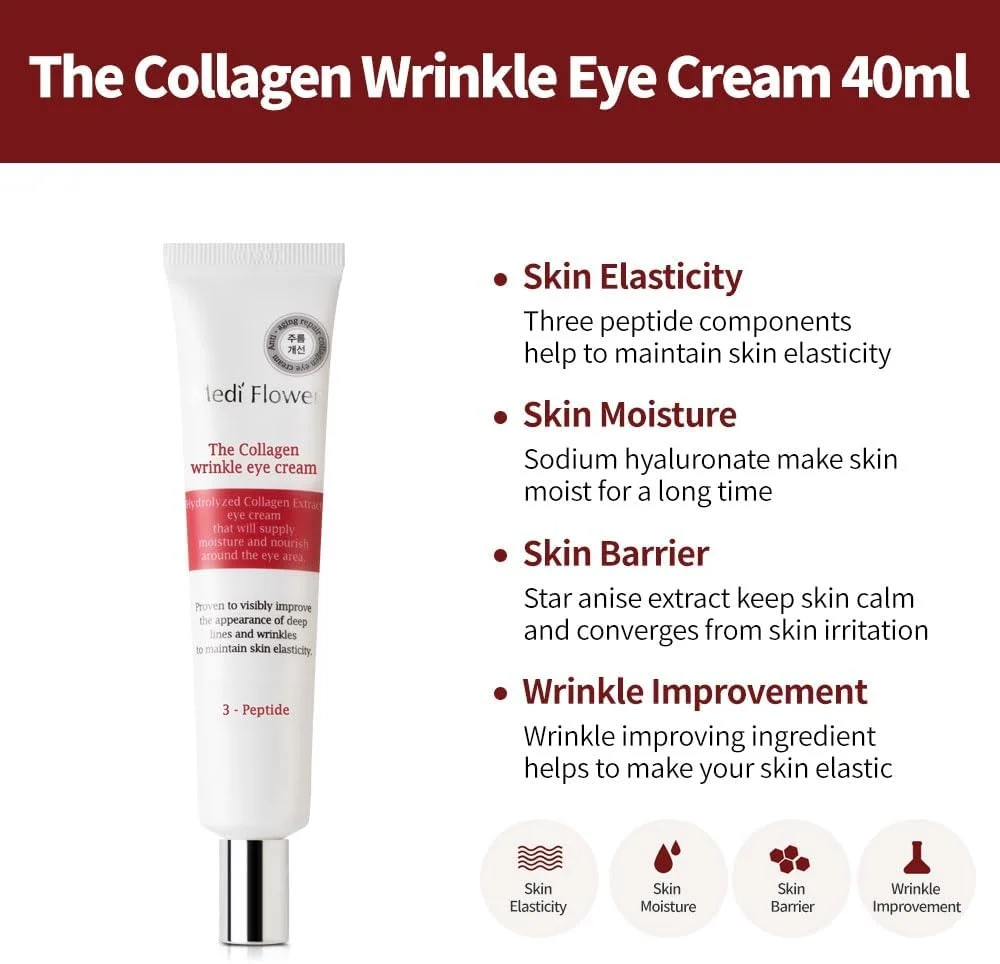 کرم دور چشم ضد چروک کلاژن کره ای برای پوست حساس اطراف چشم با اسید هیالورونیک، آدنوزین و سدیم هیالورونات، کاهش سن و مرطوب کننده قوی، توسط مدی فلاور، ساخت کره