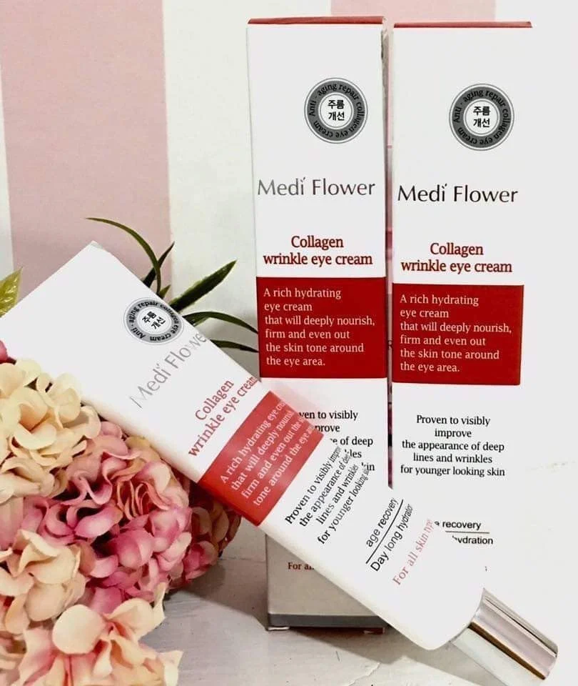 کرم دور چشم ضد چروک کلاژن کره ای برای پوست حساس اطراف چشم با اسید هیالورونیک، آدنوزین و سدیم هیالورونات، کاهش سن و مرطوب کننده قوی، توسط مدی فلاور، ساخت کره