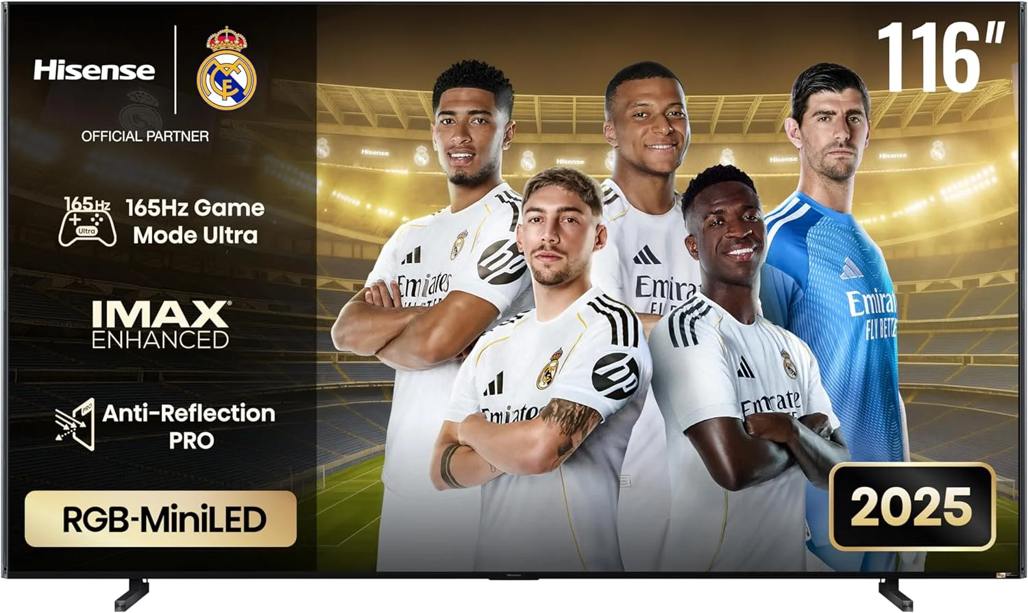 تلویزیون هوشمند 4K هایسنس 116UX RGB Mini LED با نرخ نوسازی 165 هرتز VRR، روشنایی 8000 نیت، Dolby Vision، Dolby Atmos، HDR10+، HLG، صدای فراگیر 102 واتی 6.2.2 CineStage X، AMD Freesync Premium Pro مدل 116UX (نسخه امارات 2025)