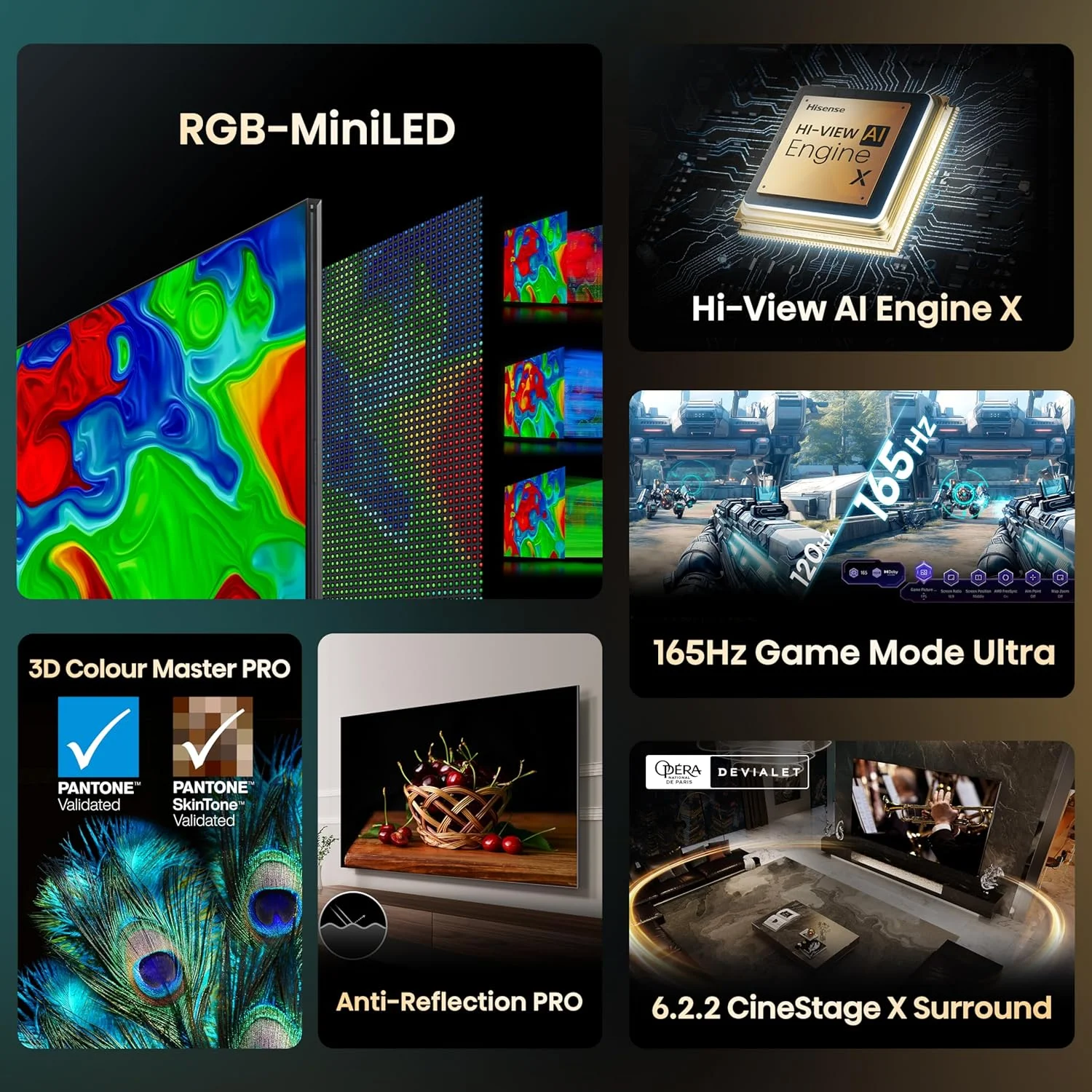 تلویزیون هوشمند 4K هایسنس 116UX RGB Mini LED با نرخ نوسازی 165 هرتز VRR، روشنایی 8000 نیت، Dolby Vision، Dolby Atmos، HDR10+، HLG، صدای فراگیر 102 واتی 6.2.2 CineStage X، AMD Freesync Premium Pro مدل 116UX (نسخه امارات 2025)