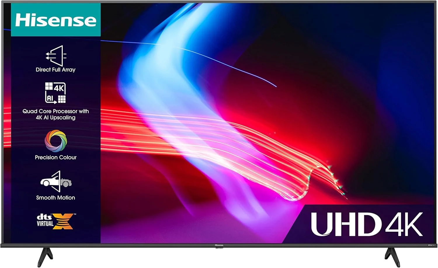 تلویزیون هوشمند 43 اینچ هایسنس مدل 43A6KTUK با سیستم عامل VIDAA - دارای Dolby Vision، تنظیم پیکسل، ریموت کنترل صوتی، قابلیت Share to TV، یوتیوب، Freeview Play، نتفلیکس و دیزنی (مدل 2023)، مشکی