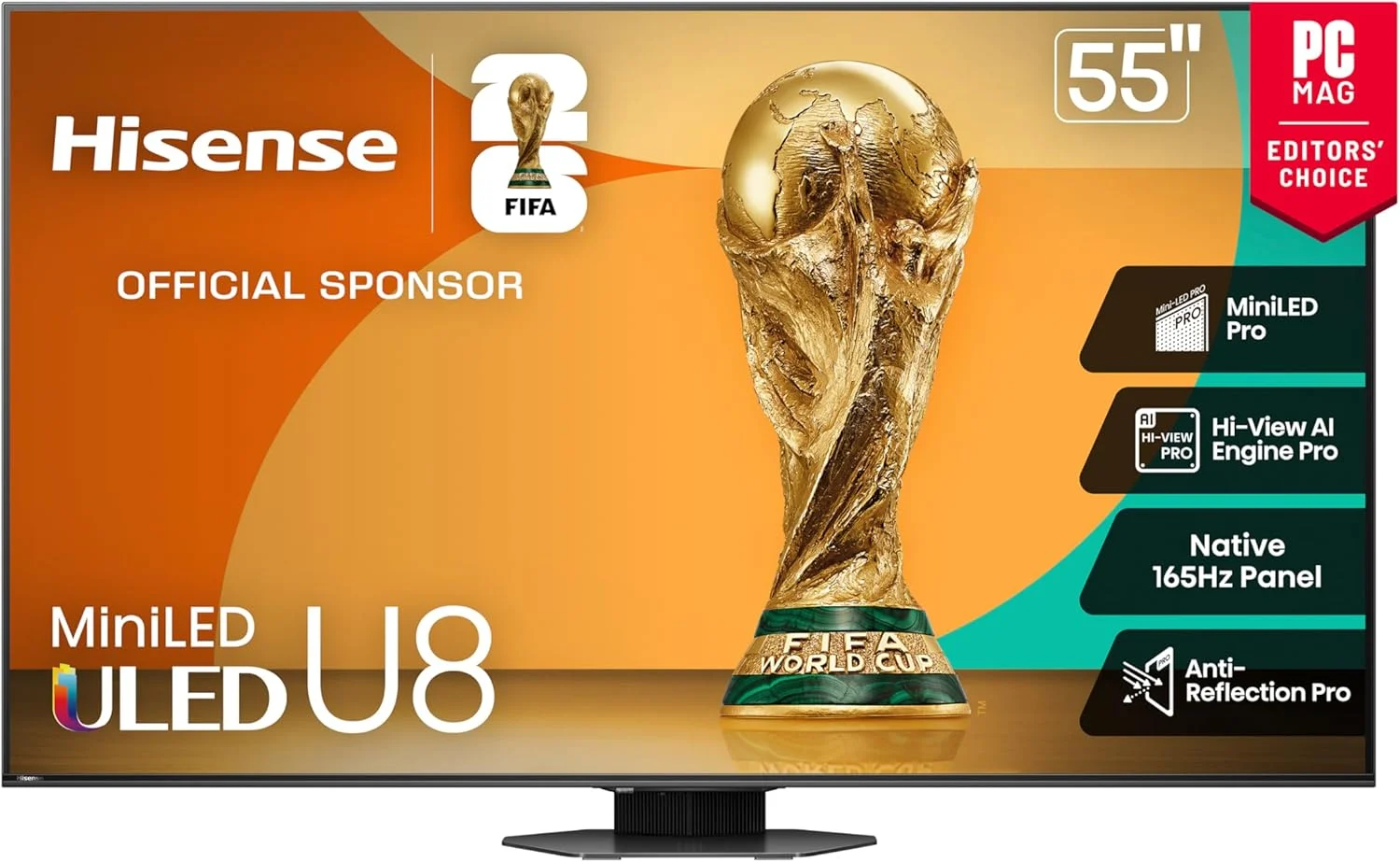 تلویزیون هوشمند 55 اینچ هایسنس مدل U8 با صفحه نمایش مینی ال ای دی ULED 4K UHD Google (مدل 55U8QG، 2025) - QLED، نرخ نوسازی 165 هرتز، VRR 288، روشنایی تا LD5600، 5000 نیت، HDR10+، Dolby Vision IQ · Atmos، IMAX Enhanced، سیستم صوتی 4.1.2 کاناله