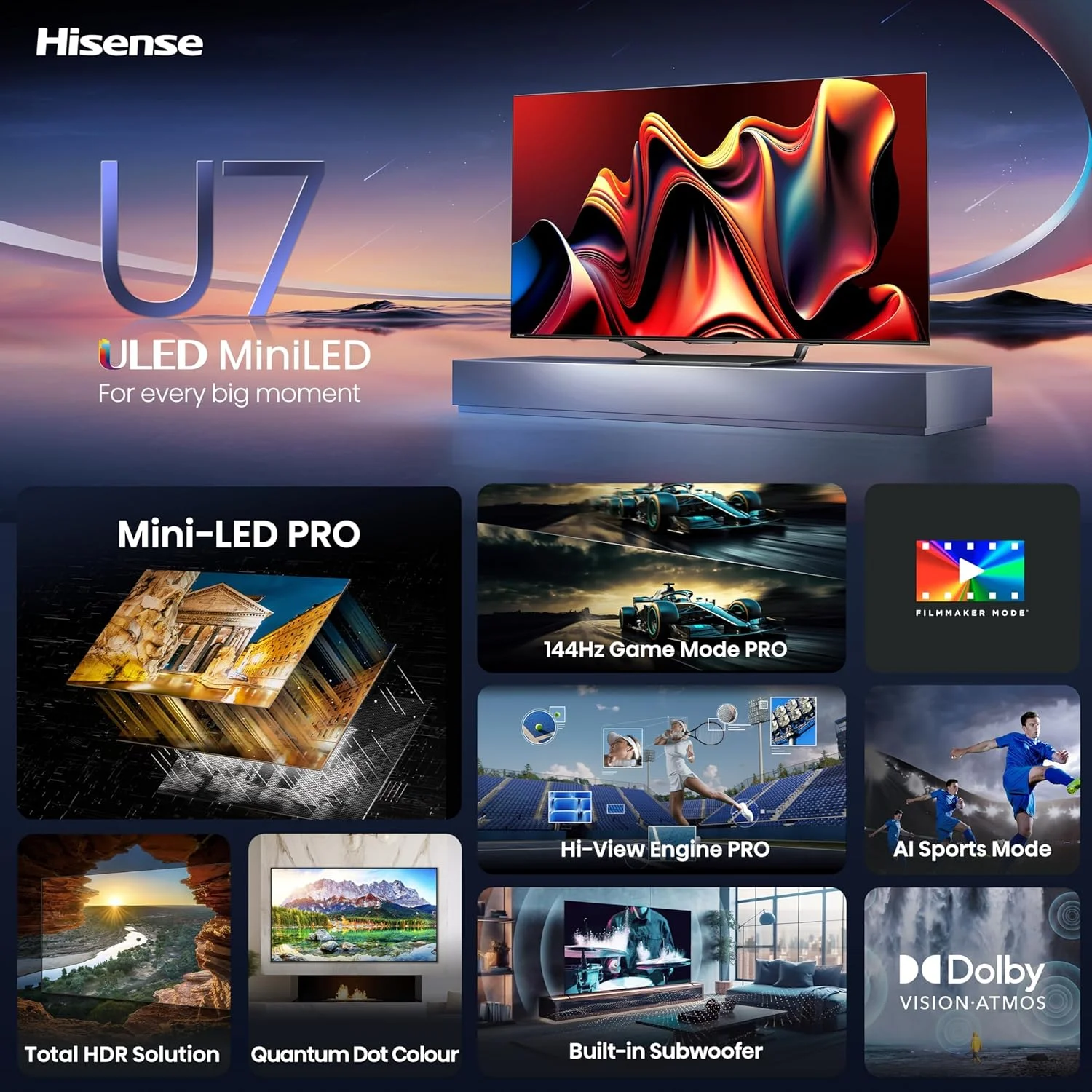 تلویزیون هوشمند 55 اینچ هایسنس سری U7 مدل 55U7N، 2024 - مینی ال ای دی ULED 4K UHD گوگل، QLED، Dolby Vision IQ، Dolby Atmos، Full Array Local Dimming، حالت بازی 144 هرتز Pro، VRR، سازگار با Alexa تلویزیون هوشمند 55 اینچ هایسنس سری U7 مدل 55U7N، 2024 - مینی ال ای دی ULED 4K UHD گوگل، QLED، Dolby Vision IQ، Dolby Atmos، Full Array Local Dimming، حالت بازی 144 هرتز Pro، VRR، سازگار با Alexa