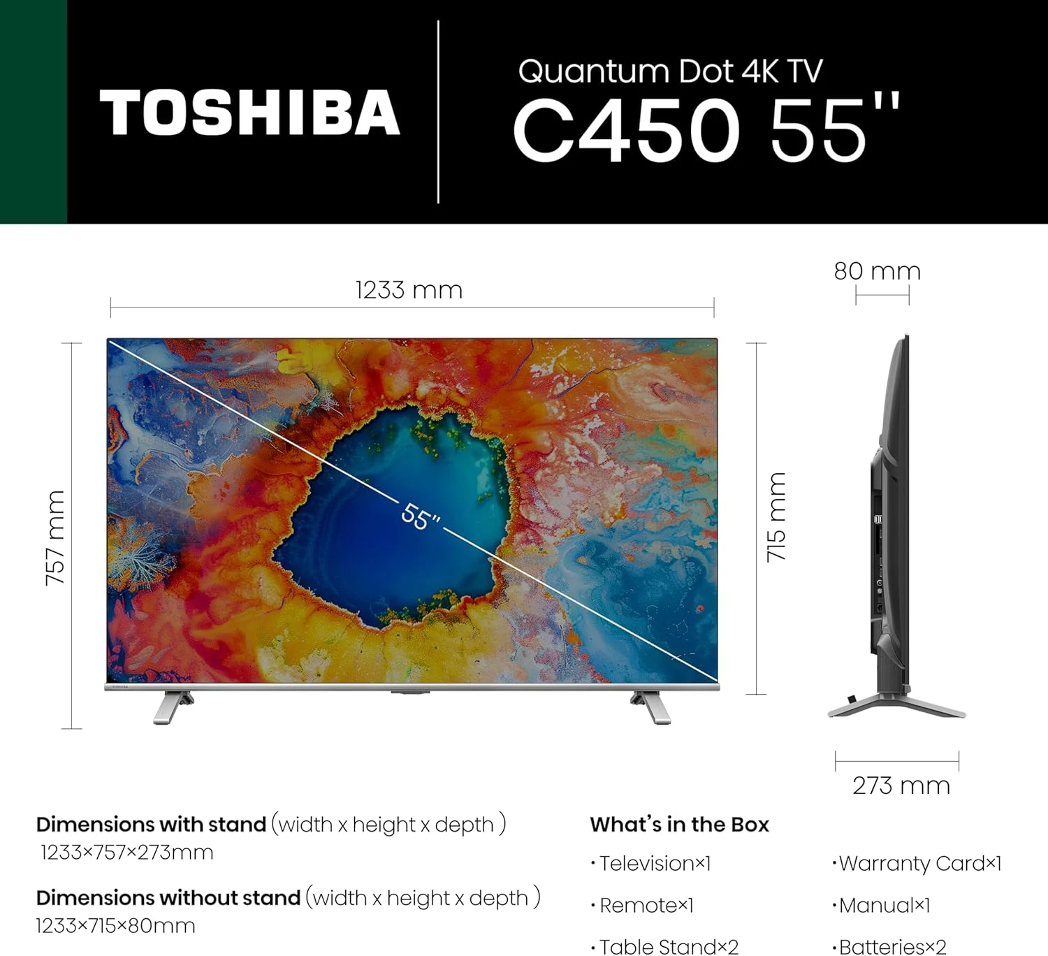 تلویزیون هوشمند 55 اینچ QLED توشیبا مدل C450M با نرخ نوسازی 60 هرتز - فناوری Quantom Dot Colour، ارتقاء کیفیت تصویر AI 4K، گیره ضد واژگونی، صدای REGZA Power، حالت بازی، حالت ورزشی، Ultimate Motion، Dolby Vision Atmos (مدل 2024) تلویزیون هوشمند 55 اینچ QLED توشیبا مدل C450M با نرخ نوسازی 60 هرتز - فناوری Quantom Dot Colour، ارتقاء کیفیت تصویر AI 4K، گیره ضد واژگونی، صدای REGZA Power، حالت بازی، حالت ورزشی، Ultimate Motion، Dolby Vision Atmos (مدل 2024)