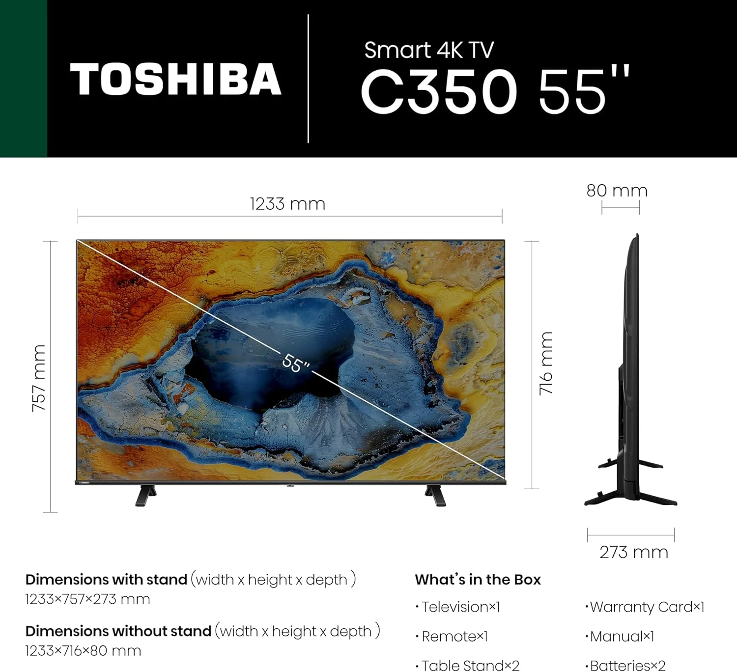تلویزیون هوشمند 55 اینچ UHD توشیبا C350N - ارتقاء کیفیت تصویر 4K با هوش مصنوعی، صدای REGZA Power، حرکت نهایی، حالت ورزشی، DTS X، حالت بازی، Dolby Vision Atmos (مدل 2024) تلویزیون هوشمند 55 اینچ UHD توشیبا C350N - ارتقاء کیفیت تصویر 4K با هوش مصنوعی، صدای REGZA Power، حرکت نهایی، حالت ورزشی، DTS X، حالت بازی، Dolby Vision Atmos (مدل 2024)