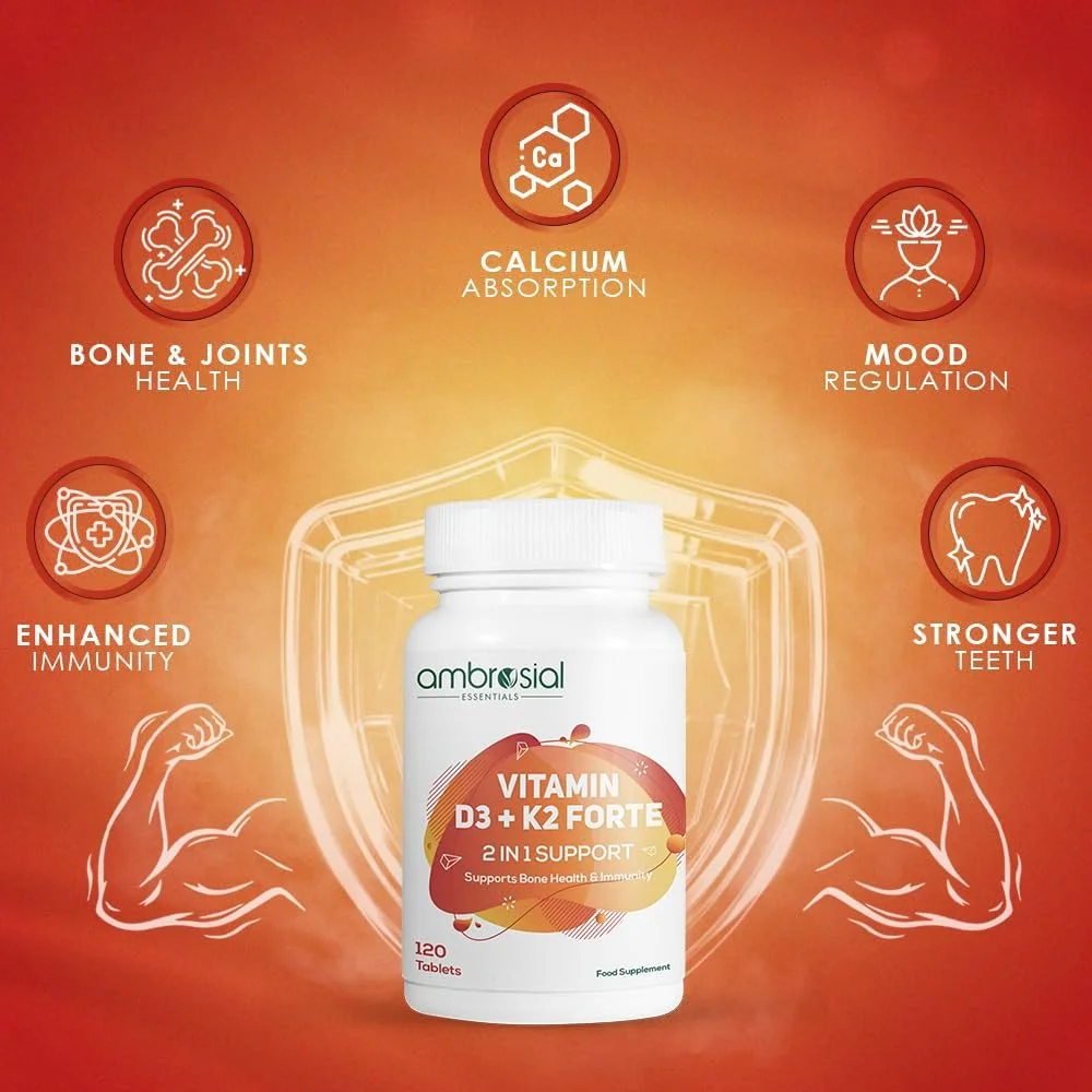 ویتامین D3 K2 فورته آمبروسیال | ویتامین D3 (600 واحد بین المللی) به همراه ویتامین K2 MK-7 | مکمل روزانه با جذب بالا | فرمول گیاهی | 120 قرص ویتامین D3 K2 فورته آمبروسیال | ویتامین D3 (600 واحد بین المللی) به همراه ویتامین K2 MK-7 | مکمل روزانه با جذب بالا | فرمول گیاهی | 120 قرص