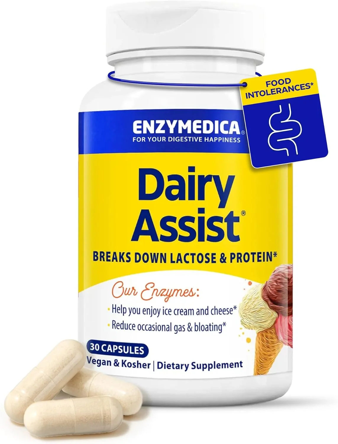 Enzymedica, DairyAssist، پشتیبانی آنزیمی برای تسکین مشکلات گوارشی ناشی از عدم تحمل لاکتوز، 30 کپسول