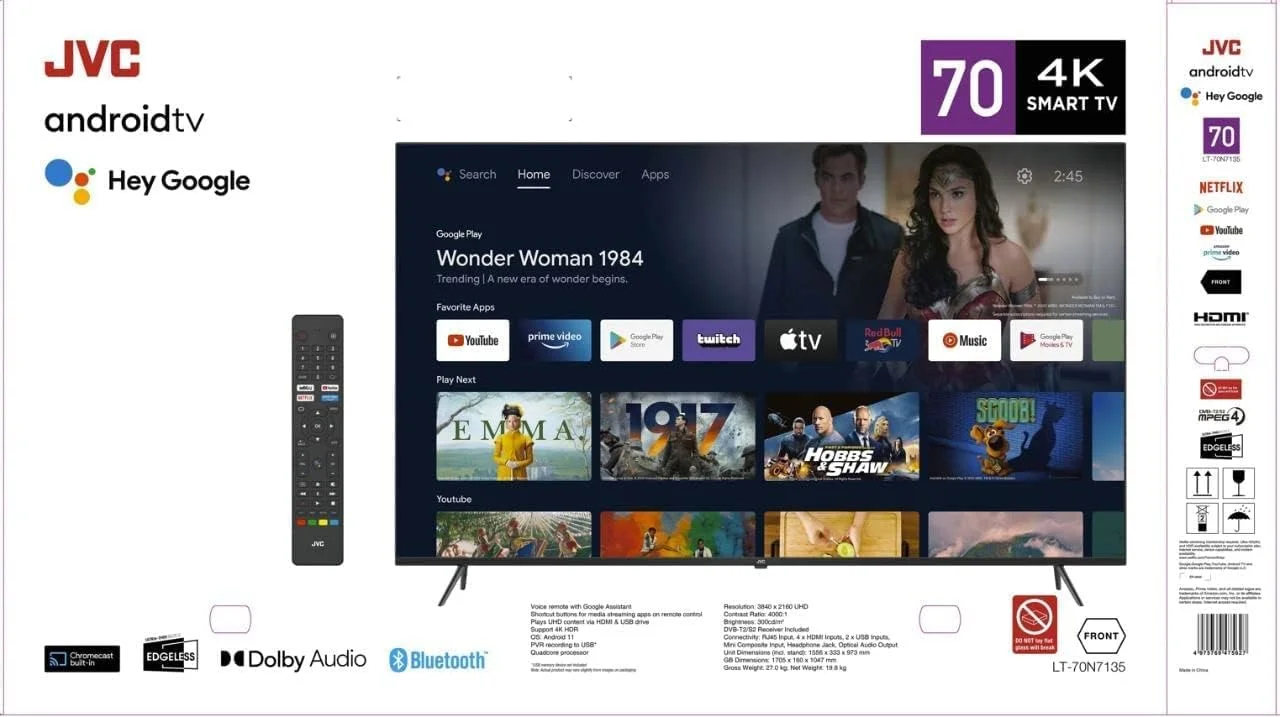 تلویزیون هوشمند 70 اینچ 4K UHD جی وی سی بدون حاشیه، دارای Hey Google، Netflix، YouTube، Shahid، بلوتوث و وای فای داخلی، رنگ مشکی، مدل LT70N7135 تلویزیون هوشمند 70 اینچ 4K UHD جی وی سی بدون حاشیه، دارای Hey Google، Netflix، YouTube، Shahid، بلوتوث و وای فای داخلی، رنگ مشکی، مدل LT70N7135