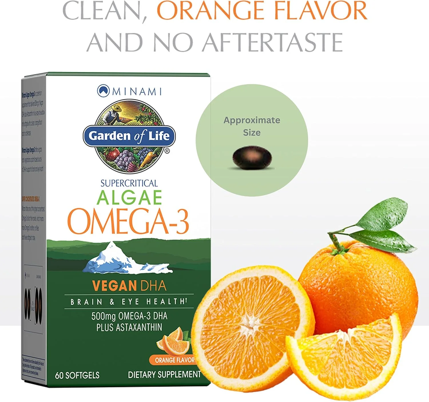 روغن جلبک امگا 3 گیاهی مینامی Garden of Life برای سلامت مغز و چشم - طعم پرتقال، 500 میلی گرم DHA گیاهی بر پایه روغن جلبک امگا 3 به همراه آستاگزانتین، بدون طعم پس از مصرف، 60 سافت ژل کوچک با بلع آسان