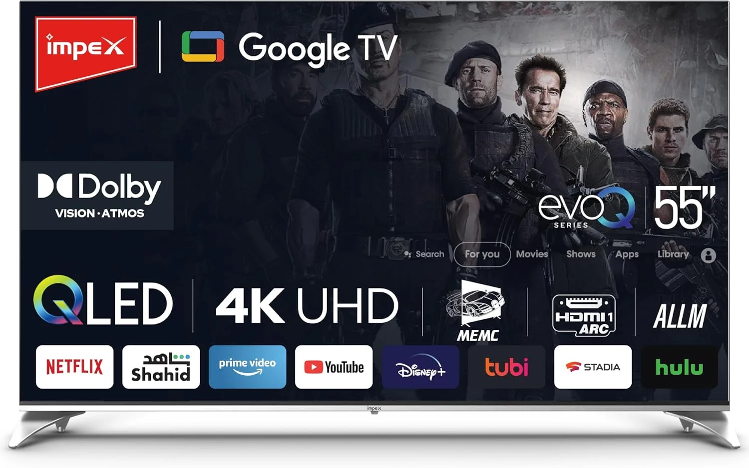 تلویزیون 55 اینچی QLED گوگل Impex مدل evoQ (55S4QLC2R120)، تلویزیون 4K Ultra HD، دالبی ویژن و اتموس، 120 هرتز DLG، ریموت کنترل صوتی، eARC، ALLM، بلوتوث/WiFi، دارای پایه دیواری