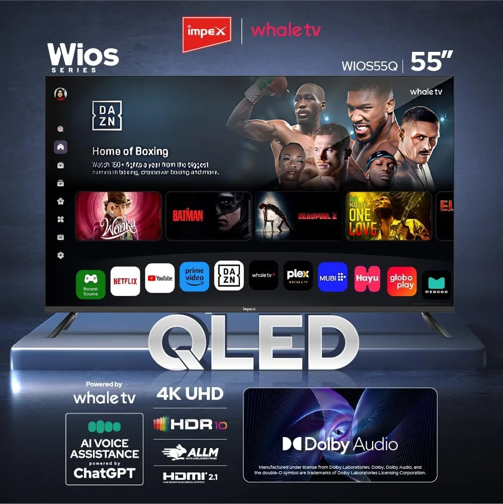 تلویزیون هوشمند 55 اینچی ایمپکس Whale OS مدل (Wios55Q)، تلویزیون UHD 4K، دستیار صوتی هوش مصنوعی ChatGPT، رم 1.5 گیگابایتی، حافظه 8 گیگابایتی، 2x HDMI، 2x USB، زاویه دید 176 درجه، پنل A+، نتفلیکس/پرایم/یوتیوب تلویزیون هوشمند 55 اینچی ایمپکس Whale OS مدل (Wios55Q)، تلویزیون UHD 4K، دستیار صوتی هوش مصنوعی ChatGPT، رم 1.5 گیگابایتی، حافظه 8 گیگابایتی، 2x HDMI، 2x USB، زاویه دید 176 درجه، پنل A+، نتفلیکس/پرایم/یوتیوب