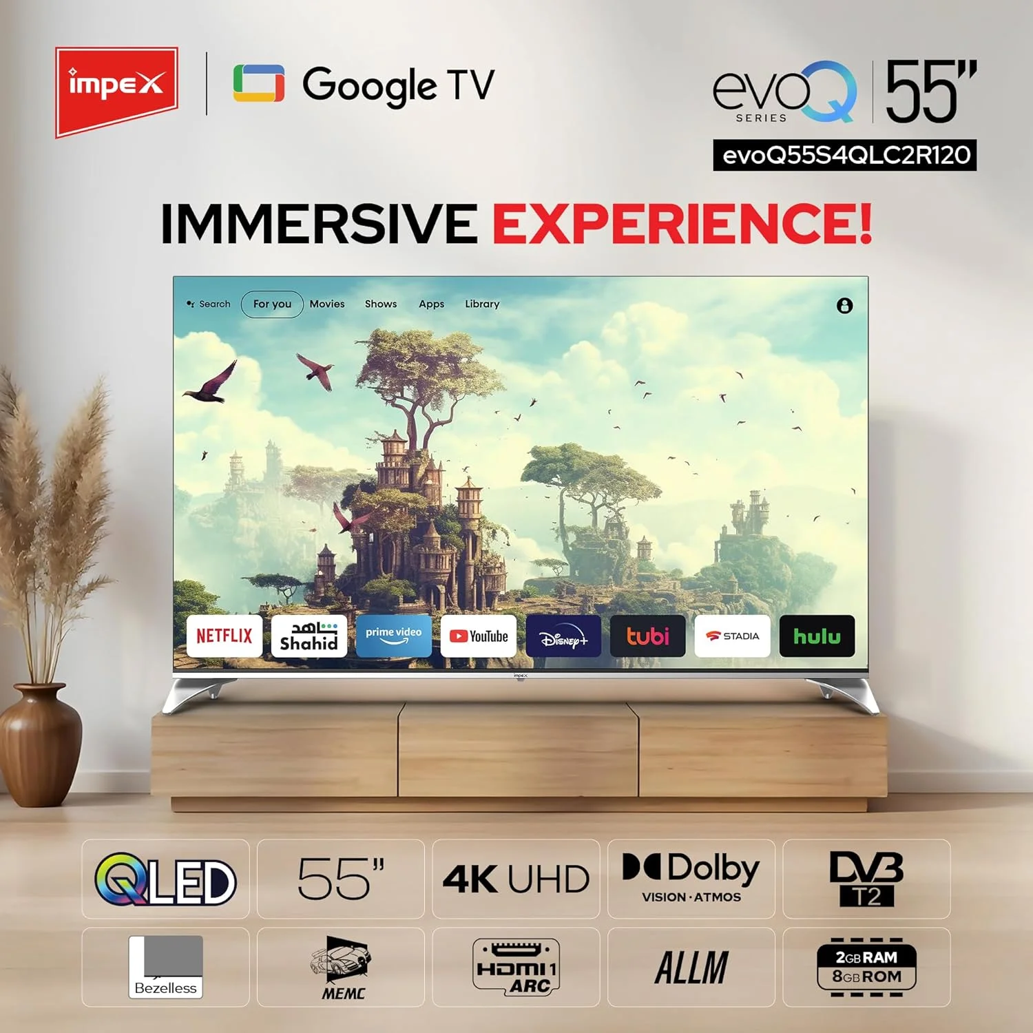 تلویزیون 55 اینچی QLED گوگل Impex مدل evoQ (55S4QLC2R120)، تلویزیون 4K Ultra HD، دالبی ویژن و اتموس، 120 هرتز DLG، ریموت کنترل صوتی، eARC، ALLM، بلوتوث/WiFi، دارای پایه دیواری