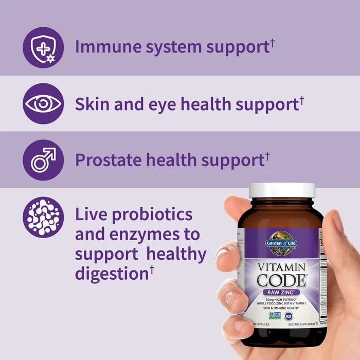 مکمل غذایی روی خام Vitamin Code Garden of Life، 30 میلی گرم روی با منشاء غذایی کامل + ویتامین C، مواد معدنی کمیاب و پروبیوتیک ها برای حمایت از سیستم ایمنی، دارای گواهی وگان، غیر GMO و بدون گلوتن، 60 کپسول مکمل غذایی روی خام Vitamin Code Garden of Life، 30 میلی گرم روی با منشاء غذایی کامل + ویتامین C، مواد معدنی کمیاب و پروبیوتیک ها برای حمایت از سیستم ایمنی، دارای گواهی وگان، غیر GMO و بدون گلوتن، 60 کپسول