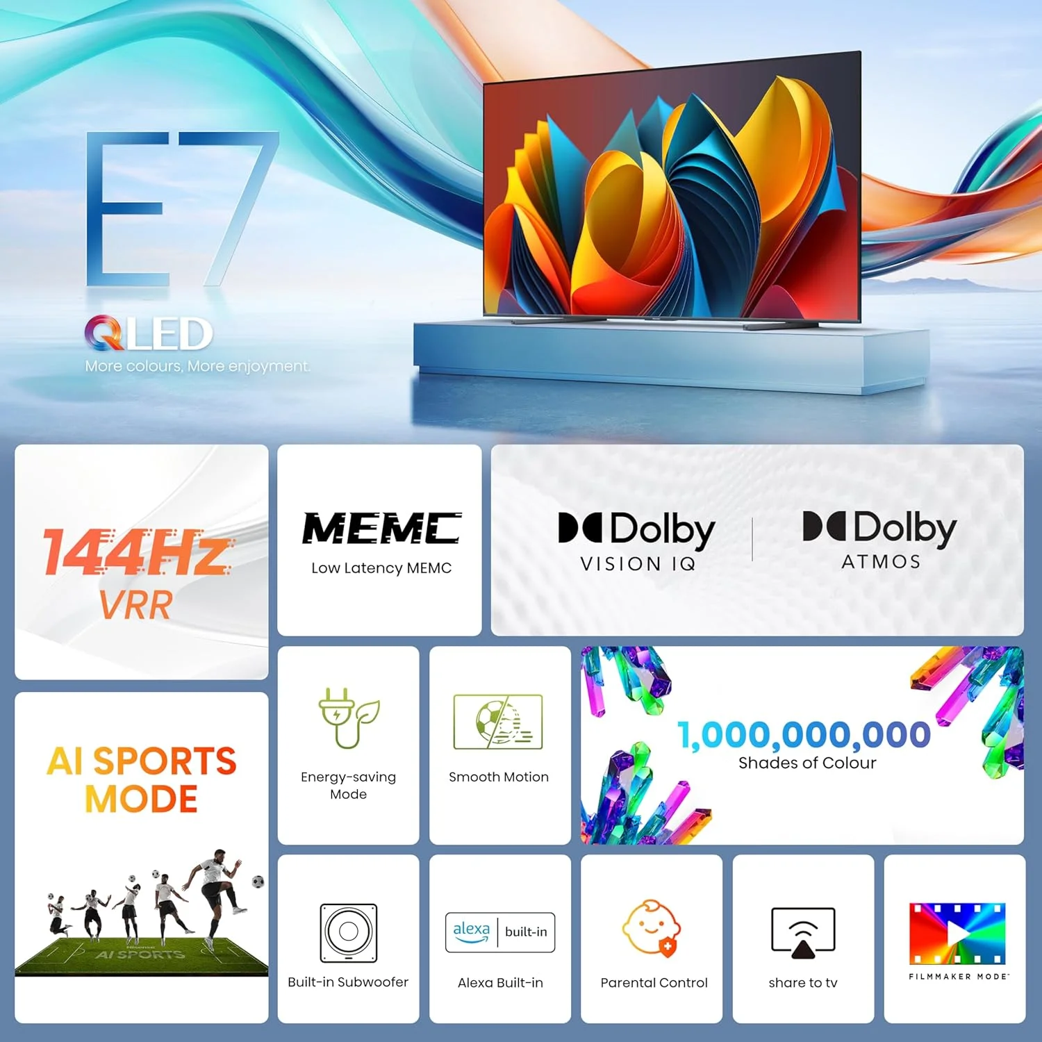 تلویزیون هوشمند 100 اینچی هایسنس QLED با نرخ نوسازی 144 هرتز مدل 100E7N - رنگ Quantum Dot، ساب ووفر داخلی، Dolby Vision Atmos، حالت فیلمساز، یوتیوب، نتفلیکس، شاهد و دیزنی پلاس (مدل جدید 2025)
