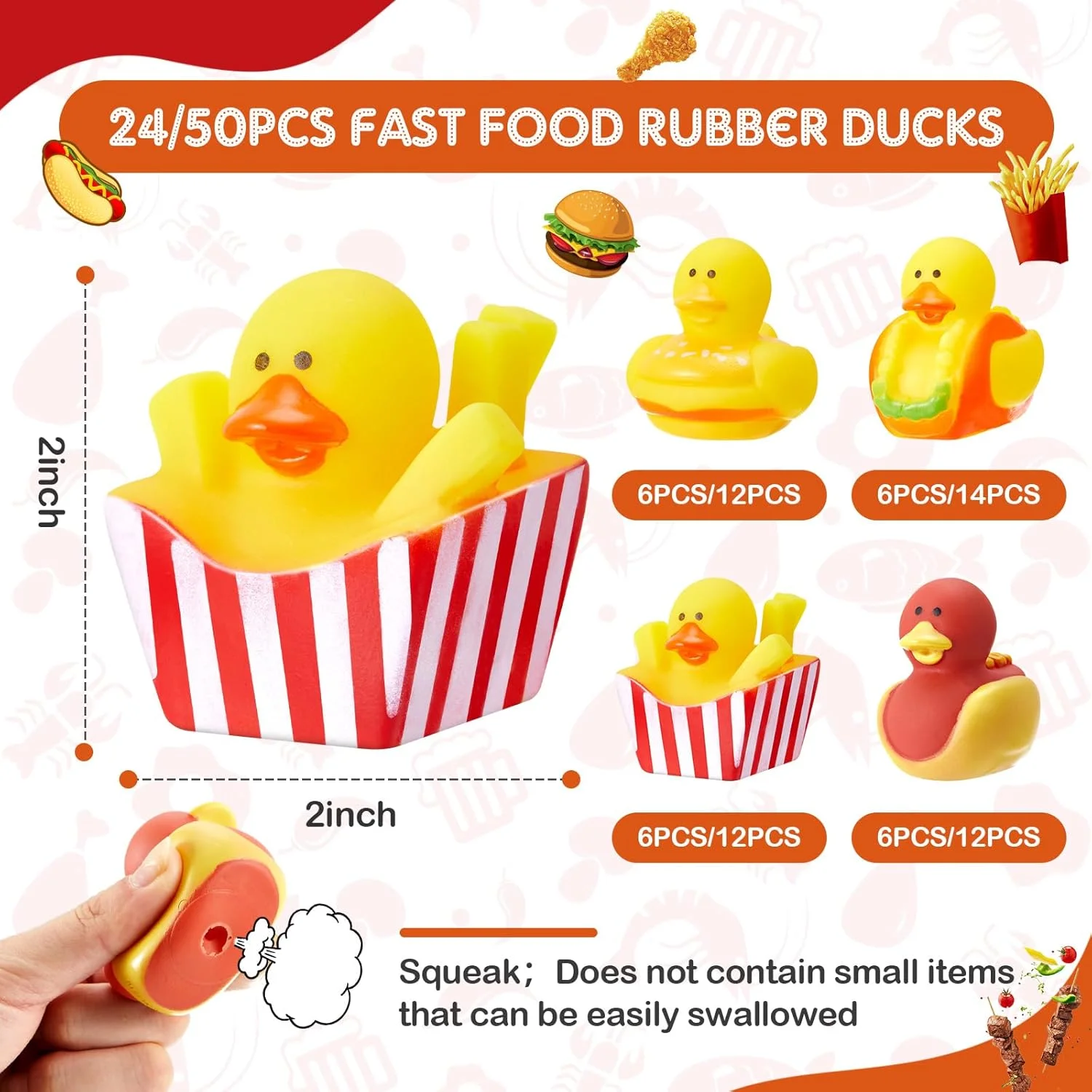 اردک های لاستیکی فست فودی Deekin، بسته 50 عددی، 2 اینچی، مجموعه کوچک و جذاب، شامل سیب زمینی سرخ کرده، همبرگر، هات داگ و تاکو، مینی اردک های کوچک برای استخر، اسباب بازی های حمام برای تزیین و مهمانی، 4 مدل اردک های لاستیکی فست فودی Deekin، بسته 50 عددی، 2 اینچی، مجموعه کوچک و جذاب، شامل سیب زمینی سرخ کرده، همبرگر، هات داگ و تاکو، مینی اردک های کوچک برای استخر، اسباب بازی های حمام برای تزیین و مهمانی، 4 مدل