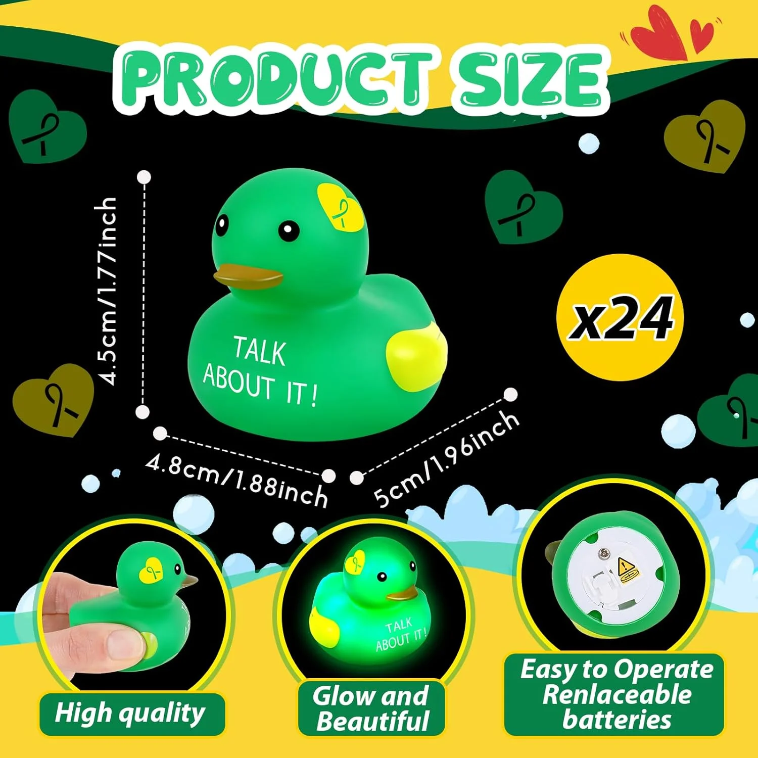 اردک های لاستیکی روشنایی دار Deekin، بسته 100 عددی، آگاهی از سلامت روان، روبان سبز 2 اینچی، اردک های لاستیکی کوچک و بامزه، اسباب بازی درخشان، هدیه برای مهمانی های جمع آوری کمک های مالی اردک های لاستیکی روشنایی دار Deekin، بسته 100 عددی، آگاهی از سلامت روان، روبان سبز 2 اینچی، اردک های لاستیکی کوچک و بامزه، اسباب بازی درخشان، هدیه برای مهمانی های جمع آوری کمک های مالی