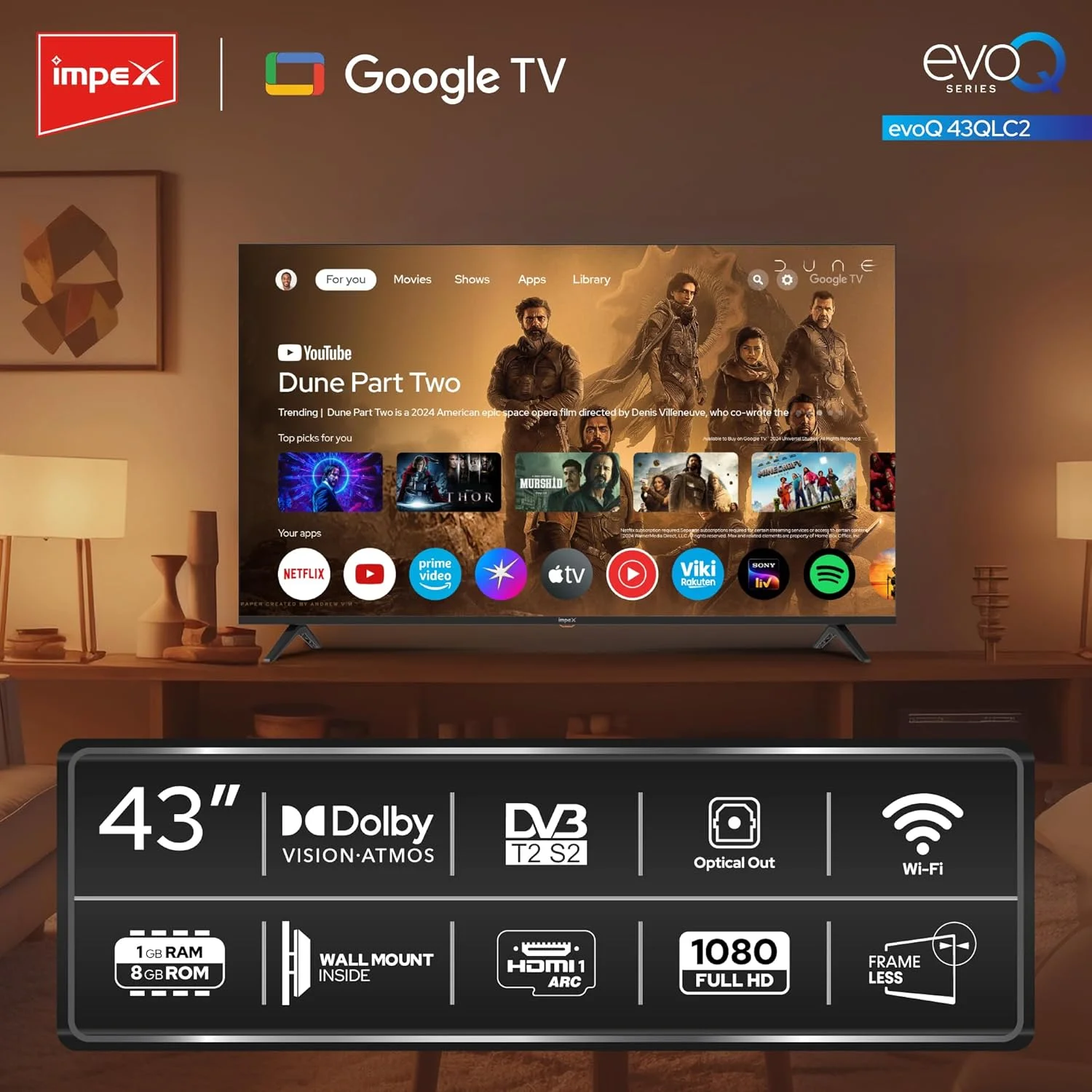 تلویزیون هوشمند 43 اینچ QLED FHD ایمپکس با سیستم عامل گوگل (مدل evoQ 43QLC2) | دارای دستیار گوگل و کرومکست داخلی | ریموت کنترل صوتی | 1 گیگابایت رم، 8 گیگابایت رام | 4 پورت HDMI، 2 پورت USB | پنل A+ | رزولوشن 1920x1080 | طراحی باریک تلویزیون هوشمند 43 اینچ QLED FHD ایمپکس با سیستم عامل گوگل (مدل evoQ 43QLC2) | دارای دستیار گوگل و کرومکست داخلی | ریموت کنترل صوتی | 1 گیگابایت رم، 8 گیگابایت رام | 4 پورت HDMI، 2 پورت USB | پنل A+ | رزولوشن 1920x1080 | طراحی باریک