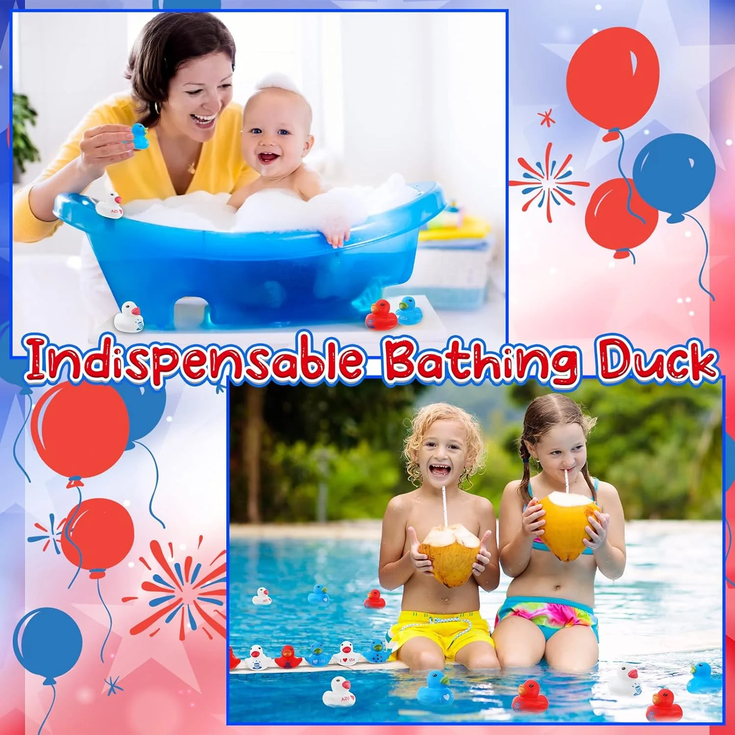 اردک های لاستیکی میهن پرستانه Deekin، بسته 50 عددی، 4 سانتی متری، اردک های لاستیکی ستاره شناور کوچک برای روز استقلال، جشن روز یادبود، جشن تابستانی