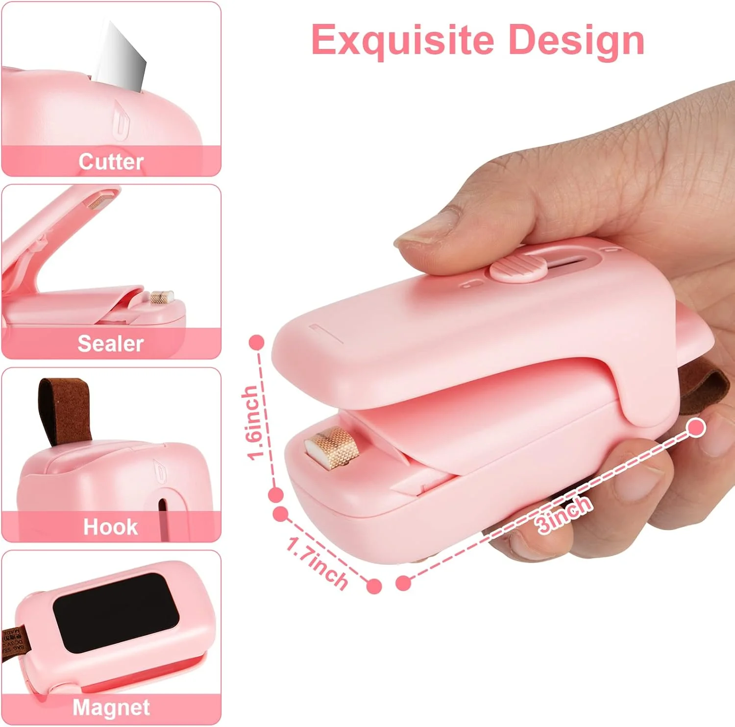 دستگاه کوچک وکیوم و پرس کیسه، پرس کننده کیسه چیپس - دستگاه پرس حرارتی کیسه با کاتر و آهنربا، دستگاه کوچک قابل حمل برای پرس مجدد کیسه های پلاستیکی و تازه نگه داشتن تنقلات - صورتی (شامل 2 عدد باتری قلمی)