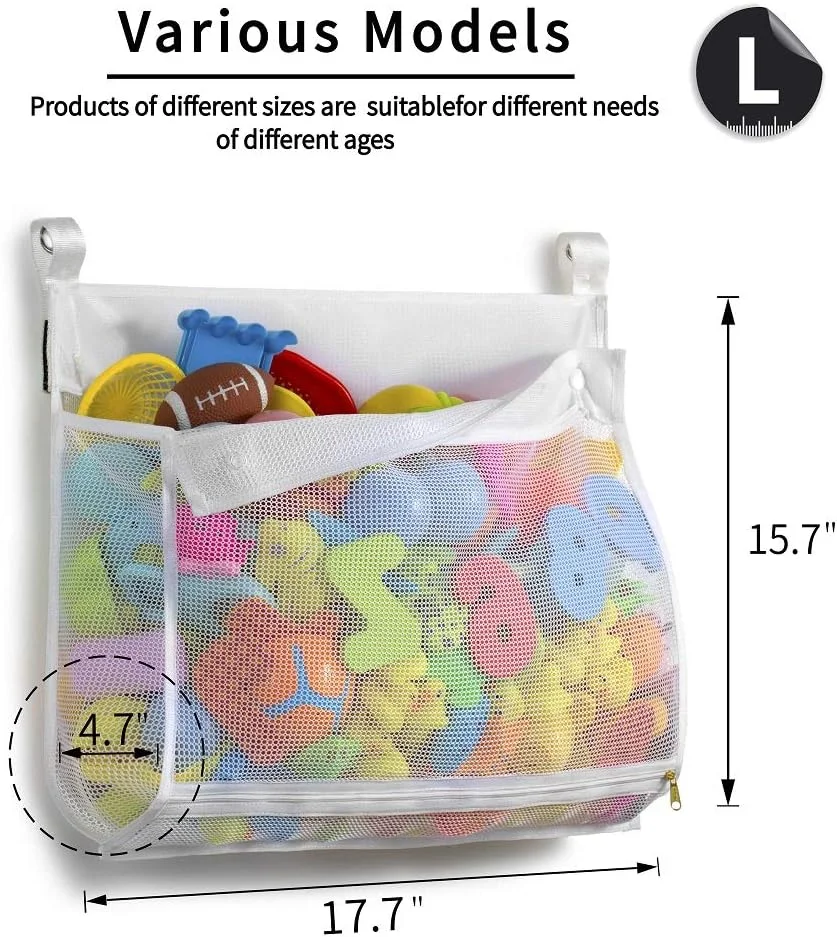 کیف توری زیپ‌دار Tenrai Clever برای اسباب‌بازی‌های حمام، روش‌های مختلف آویزان کردن، دهانه بسیار بزرگ، کیف نگهداری اسباب‌بازی وان با ظرفیت زیاد (1 عدد بزرگ، سفید)