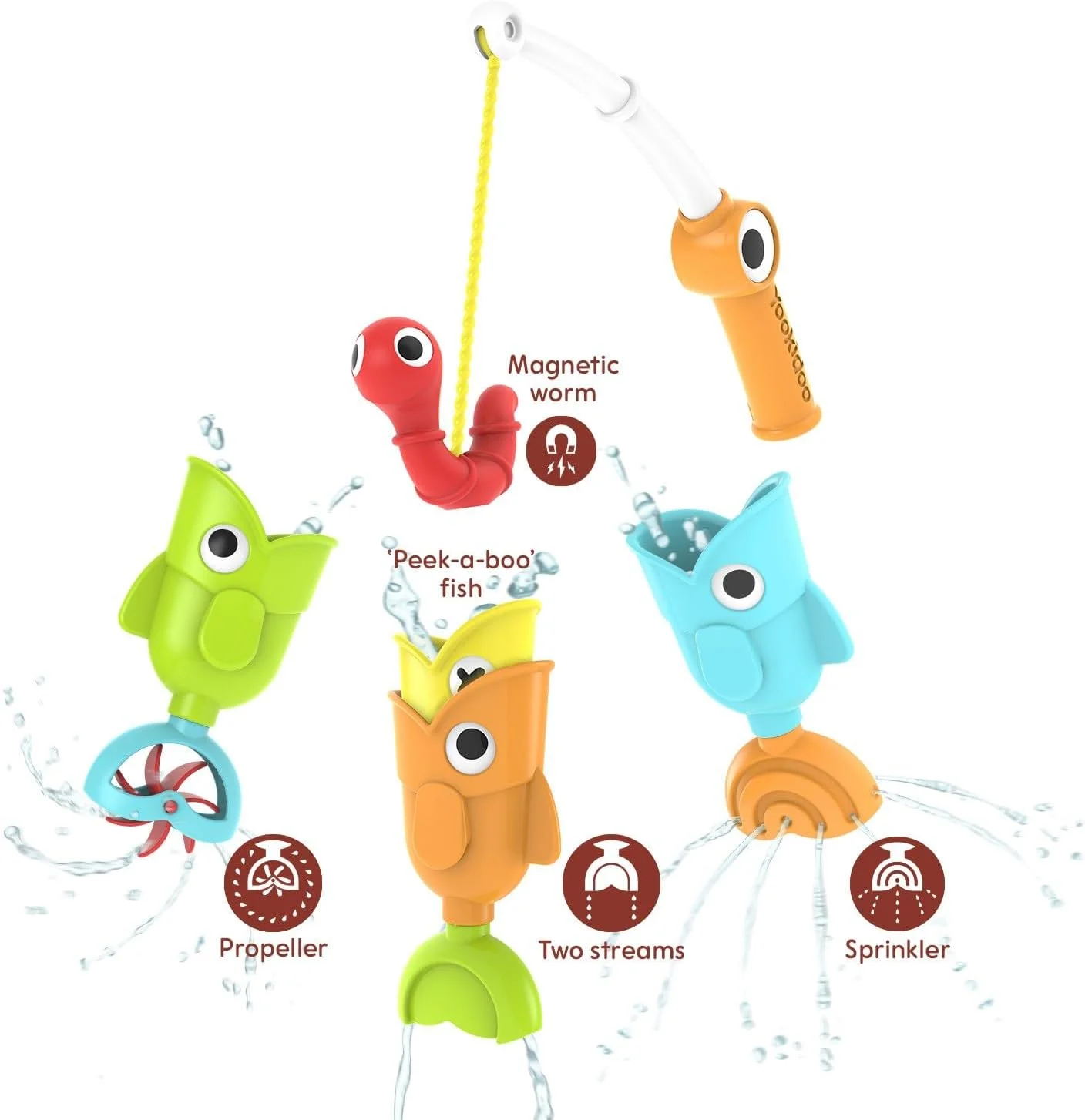 اسباب بازی ماهیگیری حمام یوکیدو - مجموعه اسباب بازی چوب ماهیگیری حمام کودک 4 تکه - گرفتن 3 ماهی مغناطیسی با 3 عملکرد مختلف - برای استخر یا وان حمام (2 سال به بالا) (جعبه بسته)
