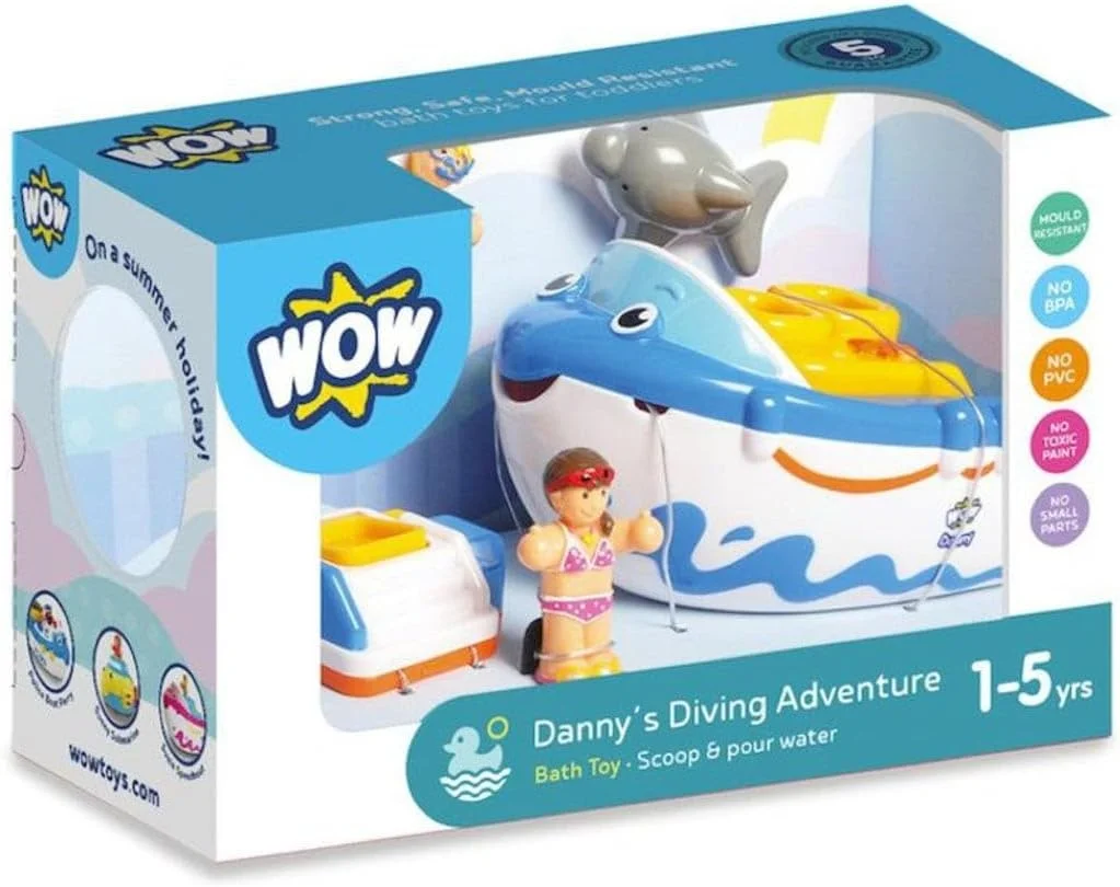 ماجراجویی غواصی دنی از WOW Toys - قایق موتوری شناور آبی/سفید اسباب بازی حمام برای کودکان به همراه فیگورهای دوستان دنی و دوست دلفین