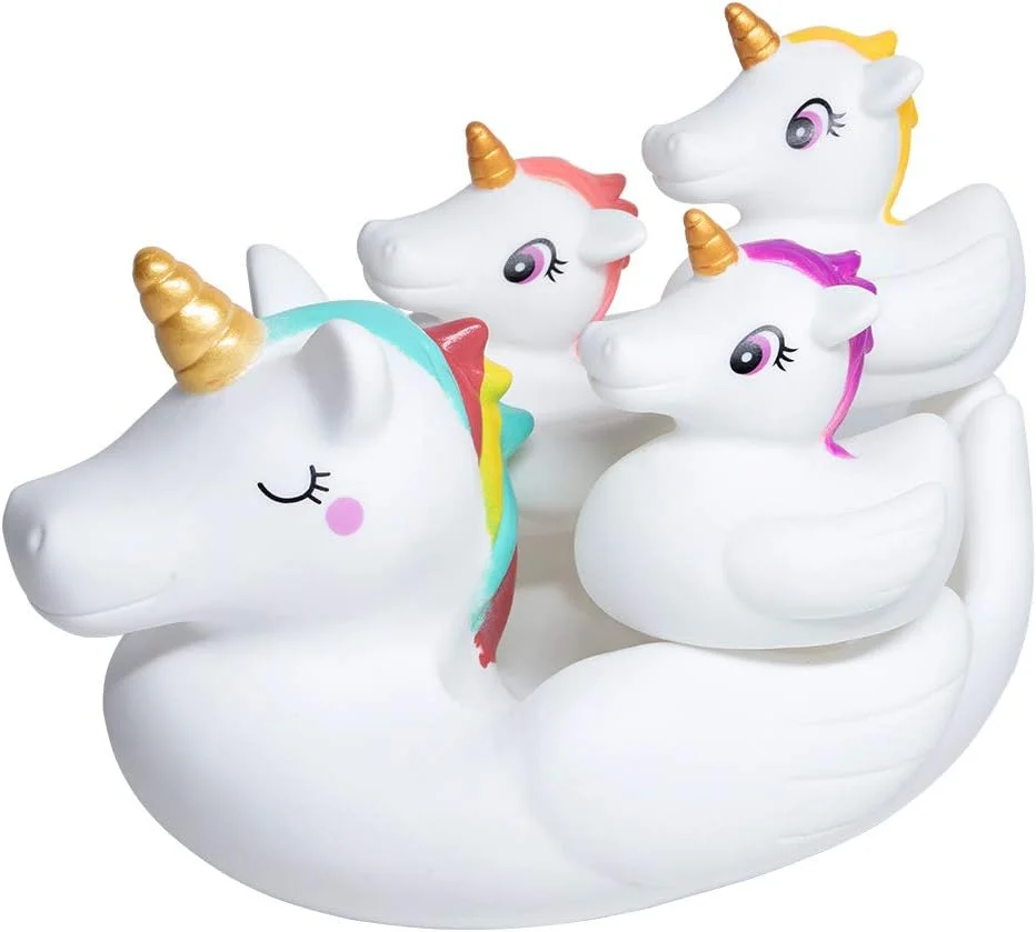 اسباب بازی های حمام کودک ووبی، اسباب بازی های اسپری تک شاخ زیبا، اسباب بازی های لاستیکی شناور وان حمام برای کودکان نوپا 6-12 ماهه، هدیه ایده آل برای دختران، بسته 4 عددی