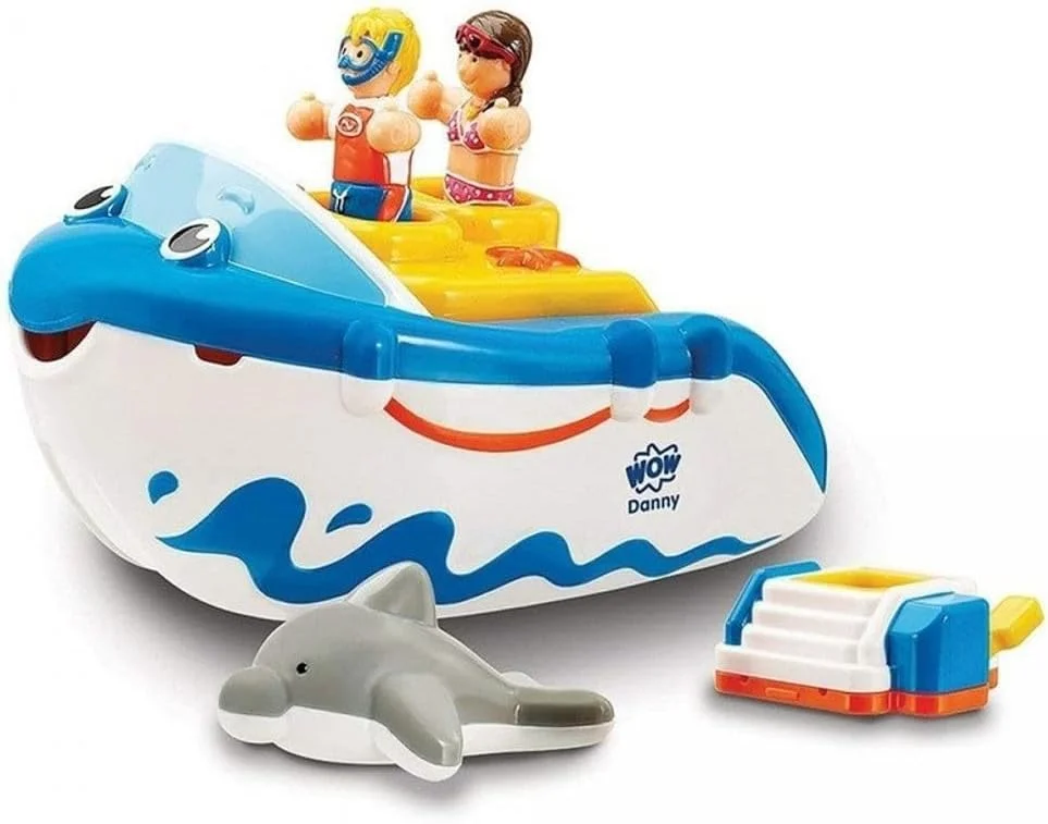 ماجراجویی غواصی دنی از WOW Toys - قایق موتوری شناور آبی/سفید اسباب بازی حمام برای کودکان به همراه فیگورهای دوستان دنی و دوست دلفین