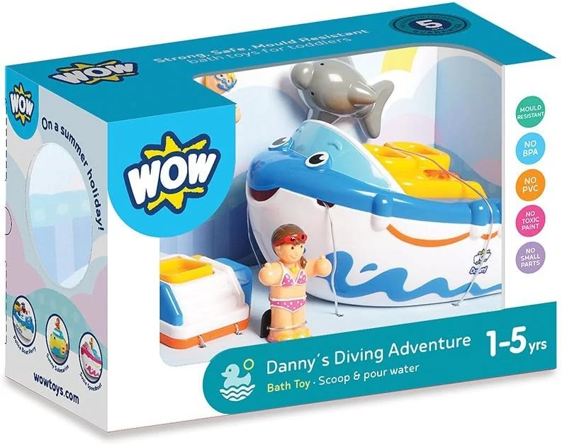 ماجراجویی غواصی دنی از WOW Toys - قایق موتوری شناور آبی/سفید اسباب بازی حمام برای کودکان به همراه فیگورهای دوستان دنی و دوست دلفین