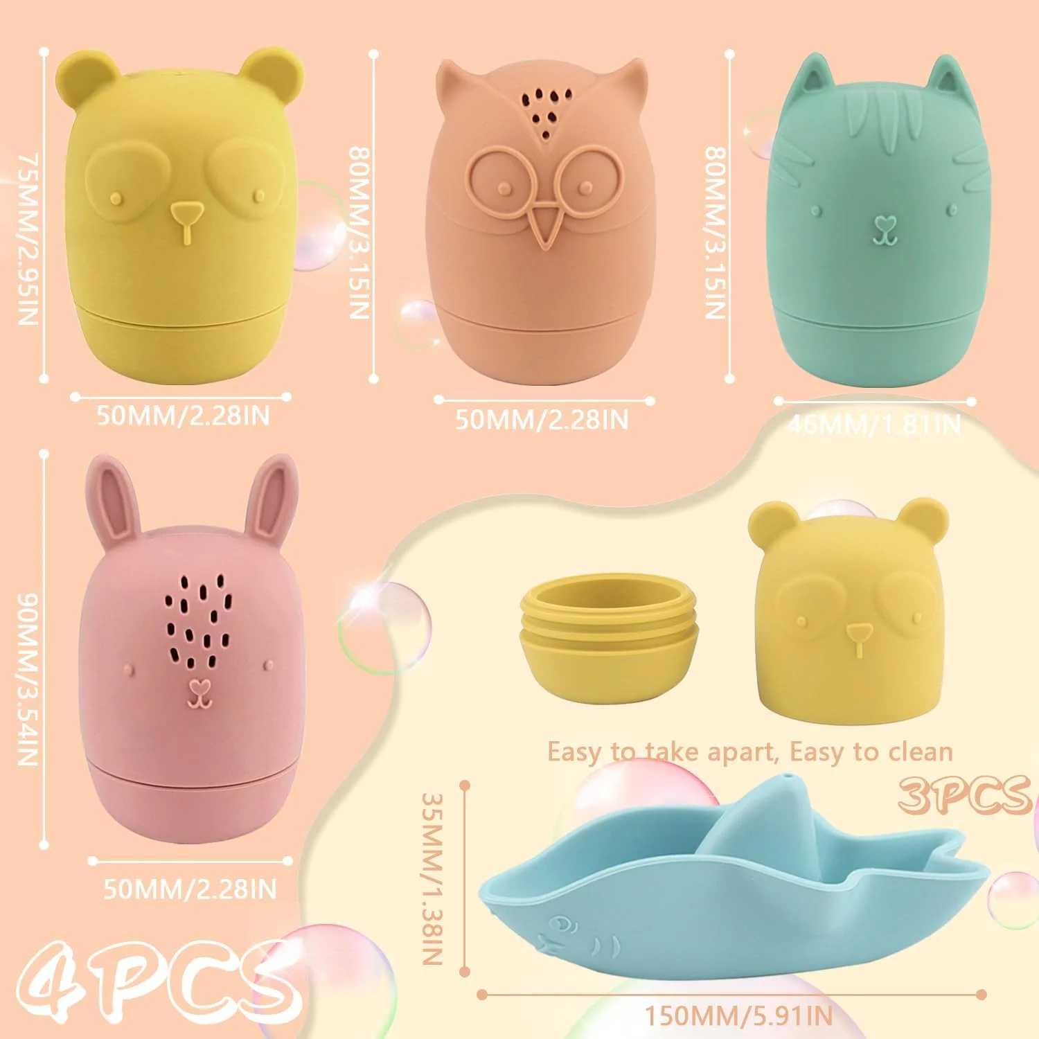 بسته 7 عددی اسباب بازی حمام کودک، اسباب بازی آبی کودک، حیوانات حمام، اسباب بازی آب پاش حیوانات ساخته شده از سیلیکون فاقد BPA - مناسب برای نوزادان 6 ماهه تا 1 ساله