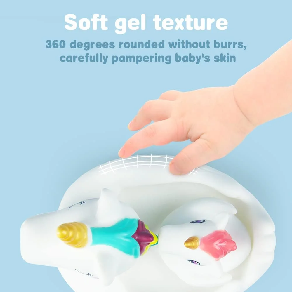 اسباب بازی های حمام کودک ووبی، اسباب بازی های اسپری تک شاخ زیبا، اسباب بازی های لاستیکی شناور وان حمام برای کودکان نوپا 6-12 ماهه، هدیه ایده آل برای دختران، بسته 4 عددی