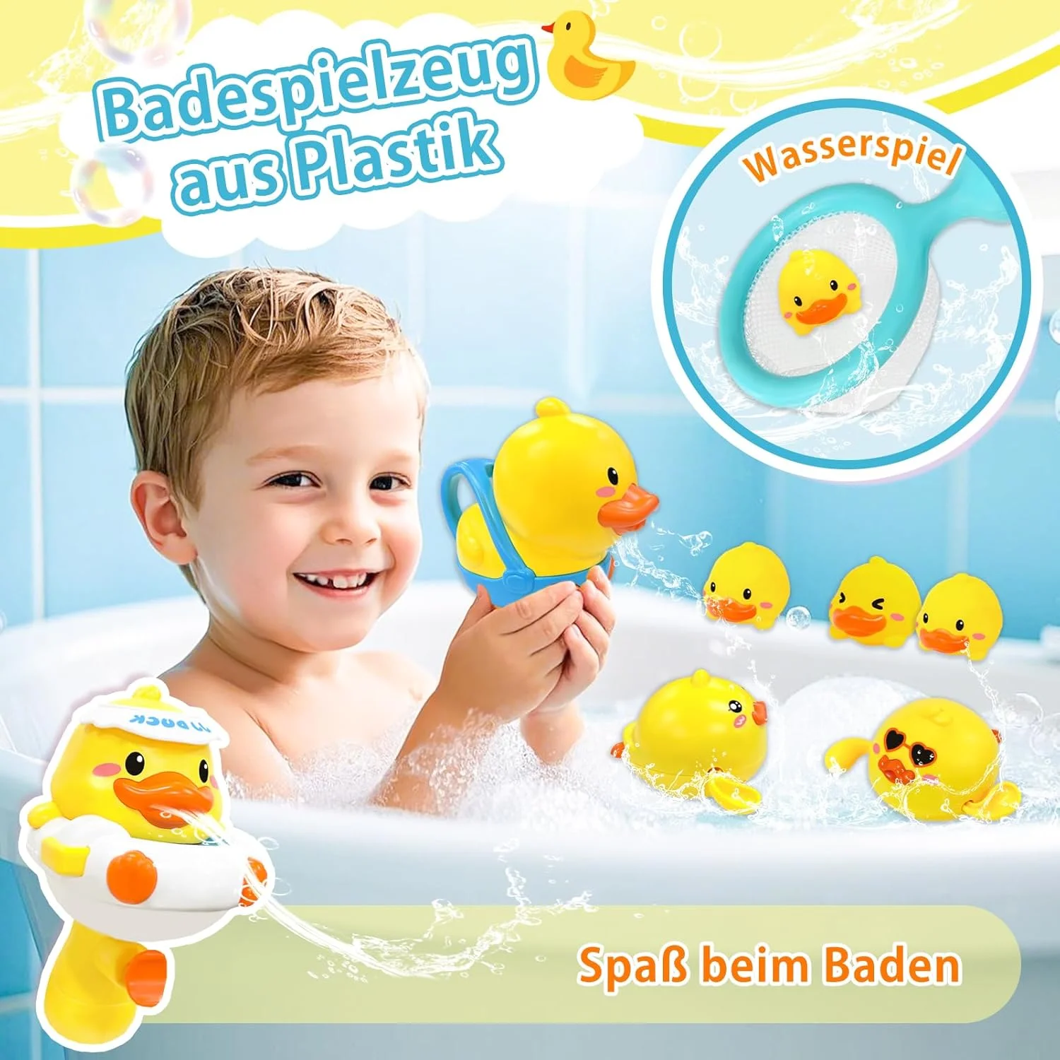 بسته 9 عددی اسباب بازی حمام کودک بالای 3 سال، اسباب بازی اردک کوکی برای وان حمام، اسباب بازی آبی کودکان به همراه تور ماهیگیری، کیف نگهداری، اسباب بازی تفنگ آبپاش کودکان برای پسران و دختران