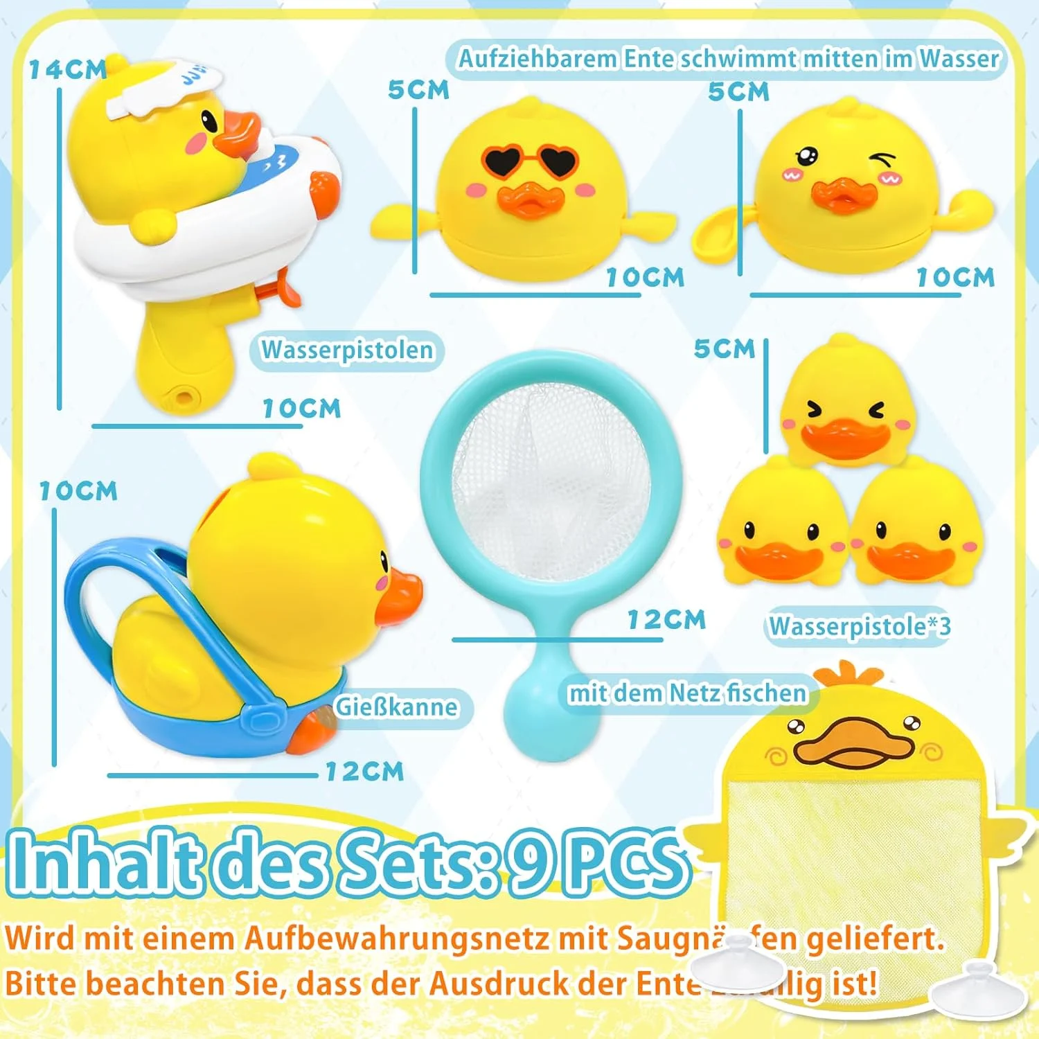 بسته 9 عددی اسباب بازی حمام کودک بالای 3 سال، اسباب بازی اردک کوکی برای وان حمام، اسباب بازی آبی کودکان به همراه تور ماهیگیری، کیف نگهداری، اسباب بازی تفنگ آبپاش کودکان برای پسران و دختران