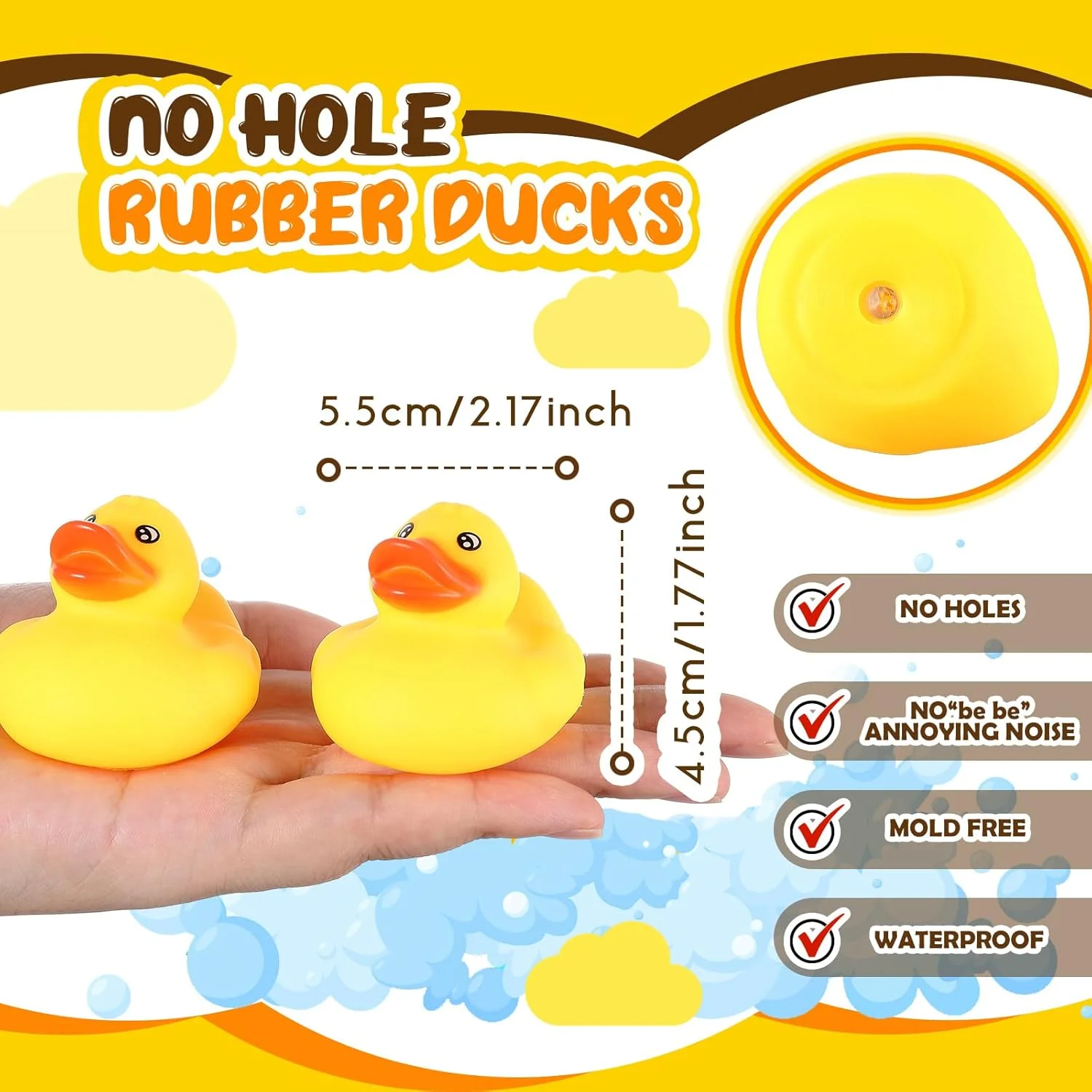 اردک های لاستیکی زرد 12 عددی 5.5 سانتی متری بدون سوراخ، اسباب بازی حمام اردک ضد آب با درپوش مهر و موم شده، اردک شناور برای تزئین جشن تولد، هدیه استخر شنا