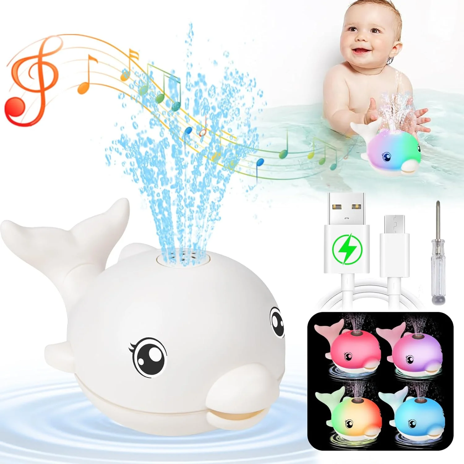 اسباب بازی های حمام ارتقا یافته 2024، اسباب بازی های حمام کودک شارژی، دلفین آب پاش چراغ دار موزیکال 6-12 12-18 ماه، اسباب بازی های آب پاش استخر وان حمام برای کودکان نوپا 1-3 2-4 پسران دختران نوزاد - سفید