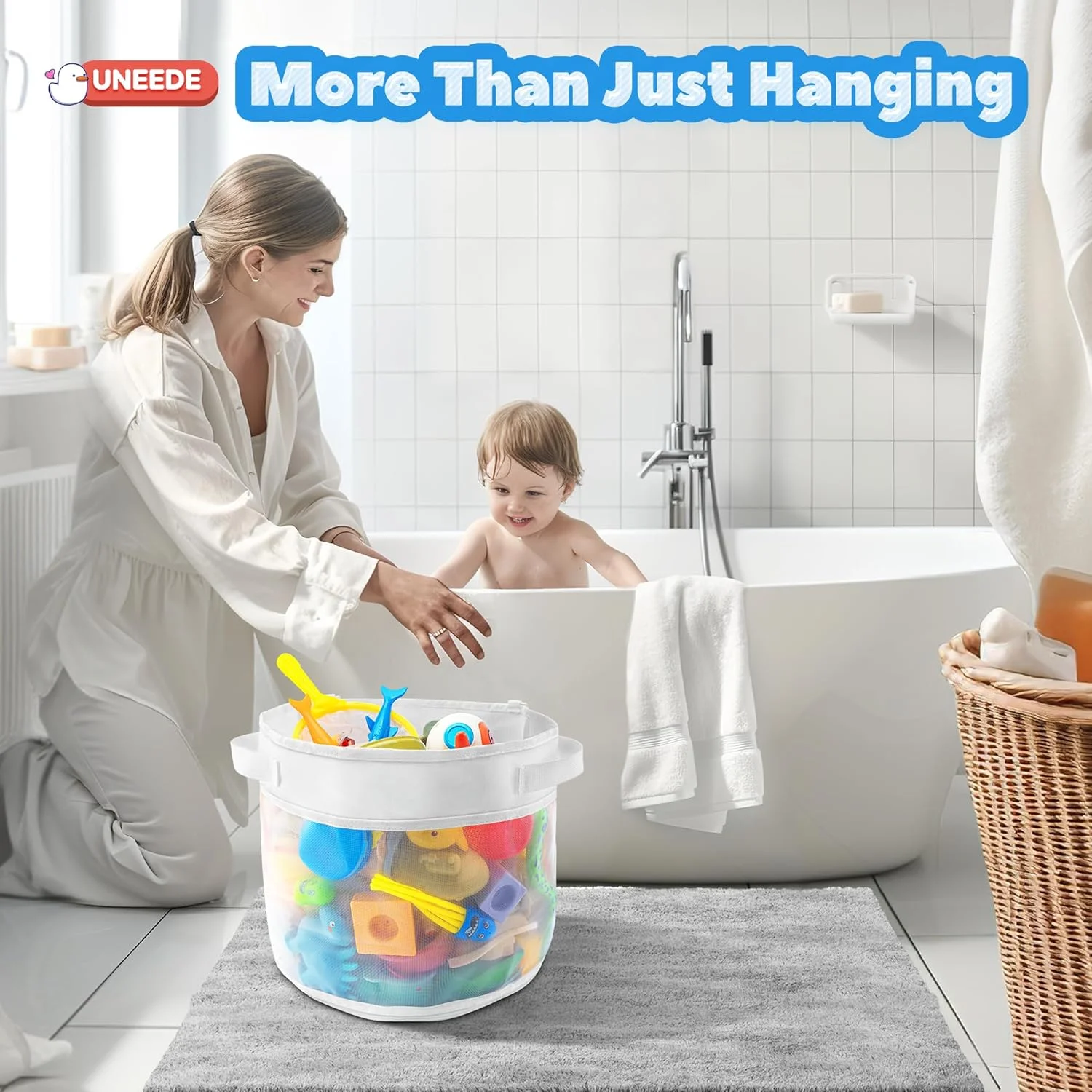 نگهدارنده اسباب بازی حمام UNEEDE، مقاوم، کیف توری برای اسباب بازی های حمام برای دسترسی سریع به اسباب بازی ها، سبد اسباب بازی حمام خشک شونده سریع، توری اسباب بازی صرفه جویی در فضا برای وان حمام