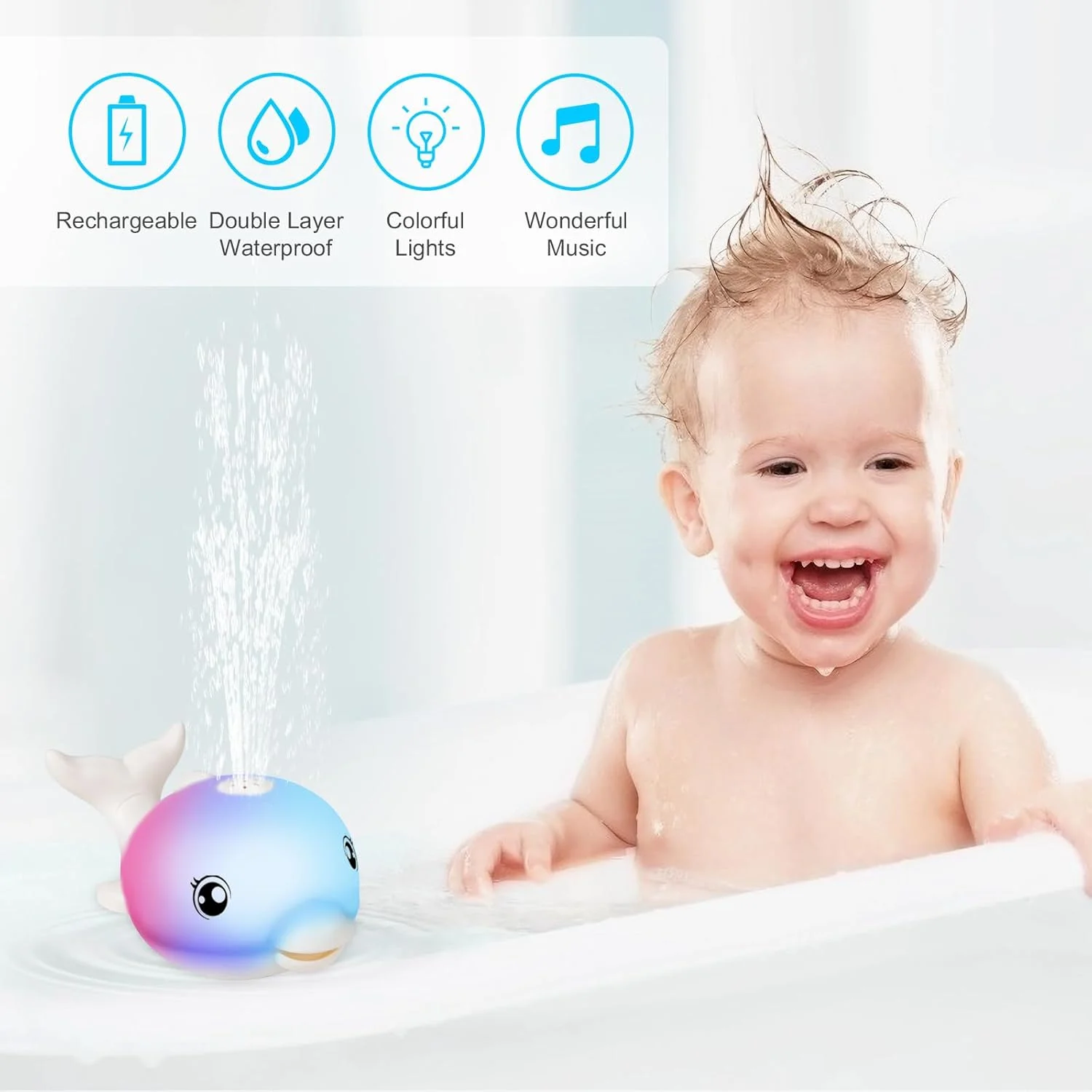 اسباب بازی های حمام ارتقا یافته 2024، اسباب بازی های حمام کودک شارژی، دلفین آب پاش چراغ دار موزیکال 6-12 12-18 ماه، اسباب بازی های آب پاش استخر وان حمام برای کودکان نوپا 1-3 2-4 پسران دختران نوزاد - سفید