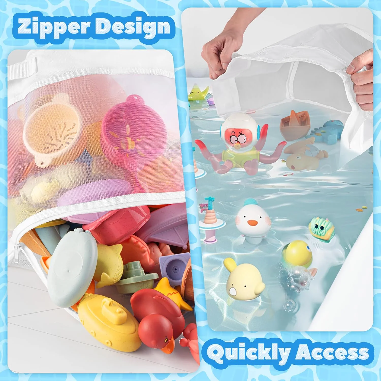 نگهدارنده اسباب بازی حمام UNEEDE، مقاوم، کیف توری برای اسباب بازی های حمام برای دسترسی سریع به اسباب بازی ها، سبد اسباب بازی حمام خشک شونده سریع، توری اسباب بازی صرفه جویی در فضا برای وان حمام