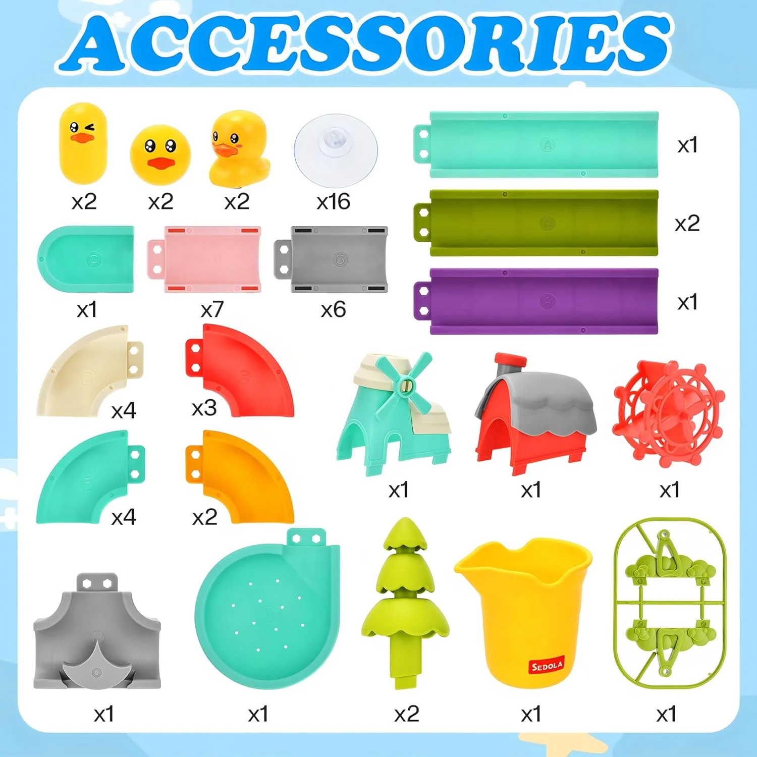 اسباب بازی حمام کودک Vaofrean، مجموعه 62 تکه سرسره اردک، اسباب بازی میز آب وان حمام برای نوزاد، مجموعه ساخت مسیر دیواری سرگرم کننده DIY با فنجان های مکش، هدیه تولد کریسمس برای پسران و دختران نوپا 3 4 5 6 7 8 ساله