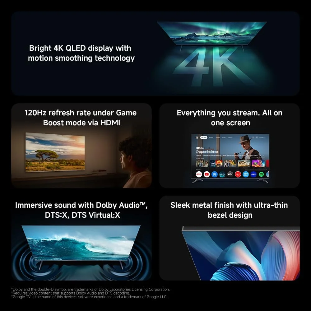 تلویزیون شیائومی A Pro 55 اینچ 2026 | Google TV | نمایشگر 4K QLED | Dolby Audio، DTS-X و DTS Virtual:X | روکش فلزی ممتاز | کنترل از راه دور بلوتوثی 360 درجه