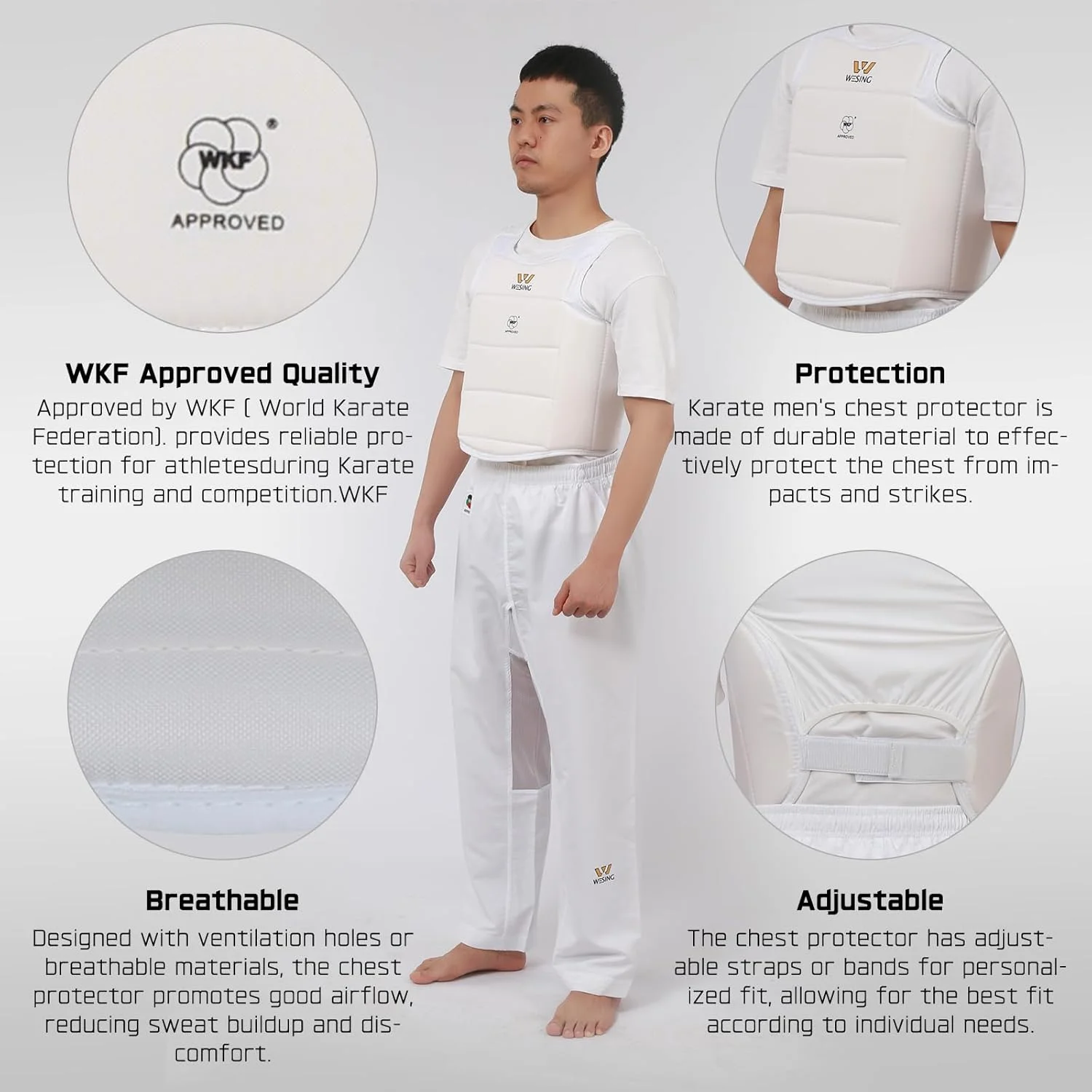 محافظ سینه کاراته Wesing مورد تایید WKF، محافظ سینه MMA، سایز بزرگ، سفید محافظ سینه کاراته Wesing مورد تایید WKF، محافظ سینه MMA، سایز بزرگ، سفید