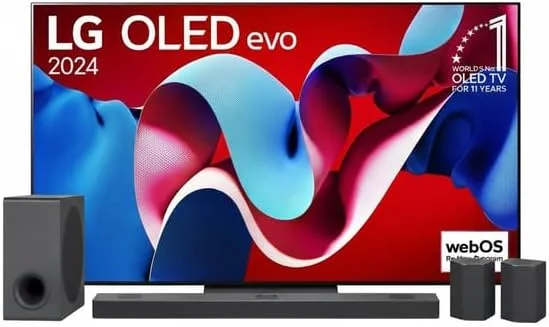 مجموعه تلویزیون 83 اینچ LG OLED evo C4 + ساندبار LG S95QR، توان 810 وات و 9.1.5 کانال با 5 بلندگوی عمودی Atmos، تلویزیون هوشمند 4K OLED evo C4 با ریموت جادویی AI Dolby Vision webOS24 مدل 2024 سایز 83 اینچ