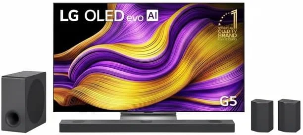 مجموعه تلویزیون 77 اینچ LG OLED77G56 به همراه ساندبار LG S95QR، توان 810 وات و 9.1.5 کانال با 5 بلندگوی Atmos به همراه بلندگوهای پشتی، تلویزیون هوشمند 4K OLED evo AI با نرخ نوسازی 165 هرتز، سایز 77 اینچ