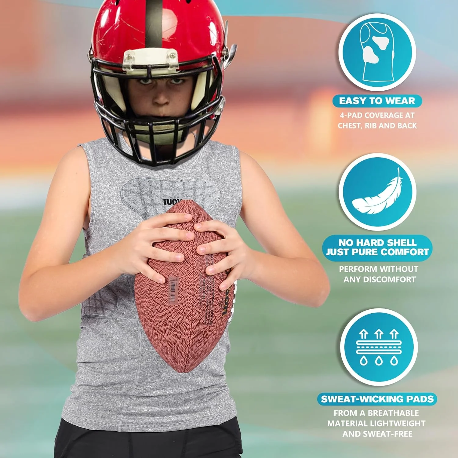 تی شرت پد دار محافظ سینه و دنده نوجوانان TUOY مناسب بیسبال، فوتبال، بسکتبال و لاکراس