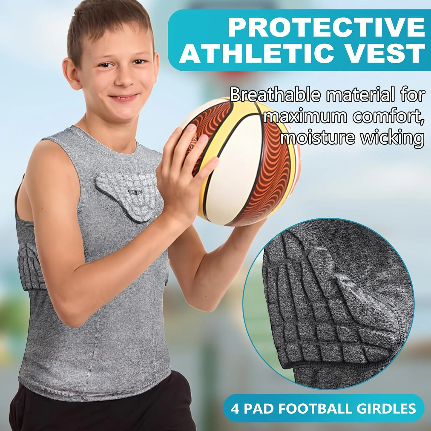 تی شرت پد دار محافظ سینه و دنده نوجوانان TUOY مناسب بیسبال، فوتبال، بسکتبال و لاکراس