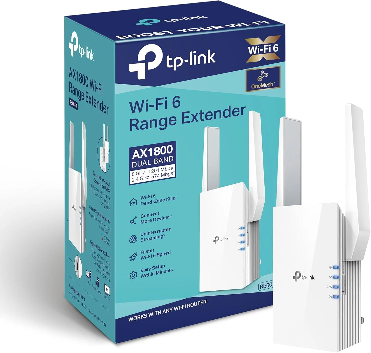 تقویت کننده وای فای 6 TP-Link AX1800 (RE605X) - تقویت کننده اینترنت، پوشش تا 140 متر مربع و 30 دستگاه، تکرار کننده دو بانده تا سرعت 1.8 گیگابیت بر ثانیه، حالت AP، پورت گیگابیتی